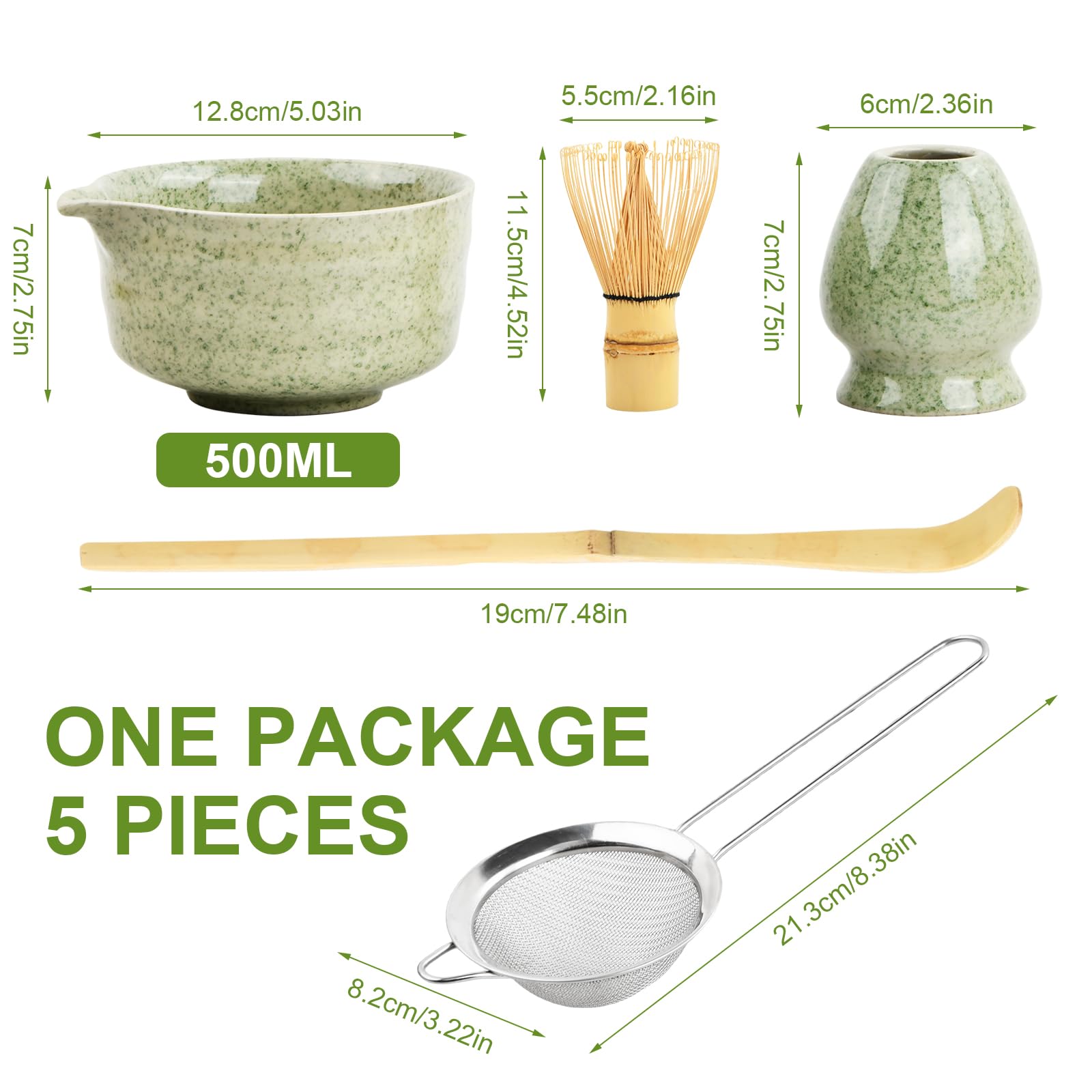 5 in 1 Set Accessori per Matcha Cerimonia Tè Giapponese con Ciotola Matcha, Frusta Matcha in Bambù Naturale, Paletta Bambù, Porta Frullino per Tè Cerimonia (Verde Intenso)