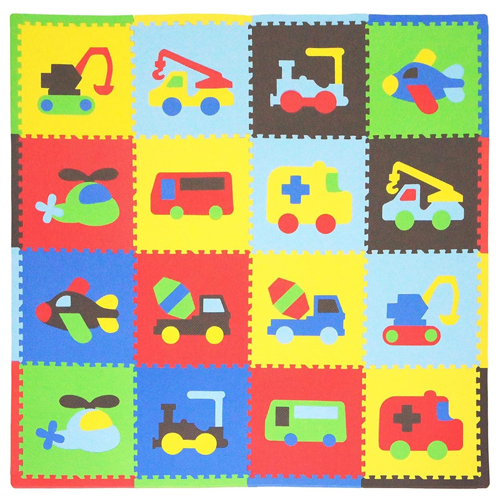 Tadpoles 16 Tiles Transportation Playmat for Kids | Interlocking Tiles with 16 Border Pieces | Soft EVA Foam | Safe & Durable | Total Floor Coverage 50” x 50” | Ages 3 & Up | Multicolor