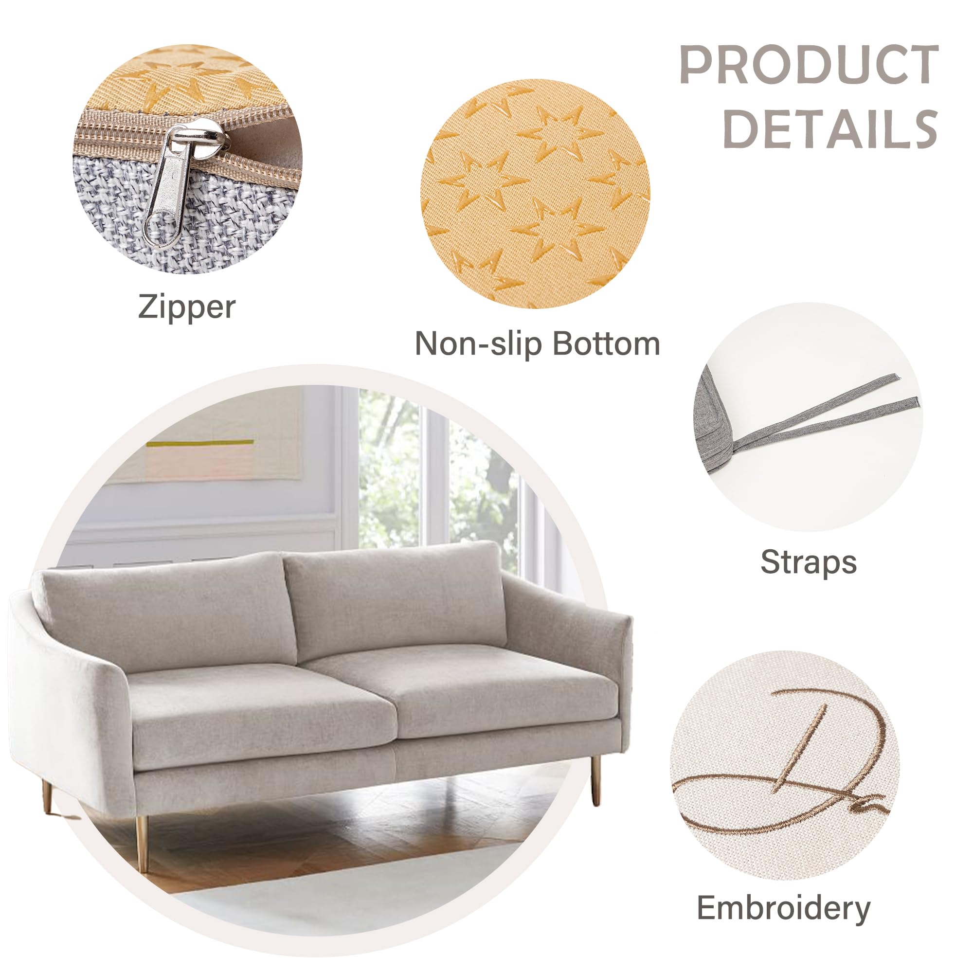 SINUOLIN Custom Size Bench Cushion Pads for Outdoor Indoor Furniture Window Seat Chair Sofa Couch Swing 70D High-Resilience Upholstery Foam with Optional Linen Fabric Embroidery Non-slip Straps