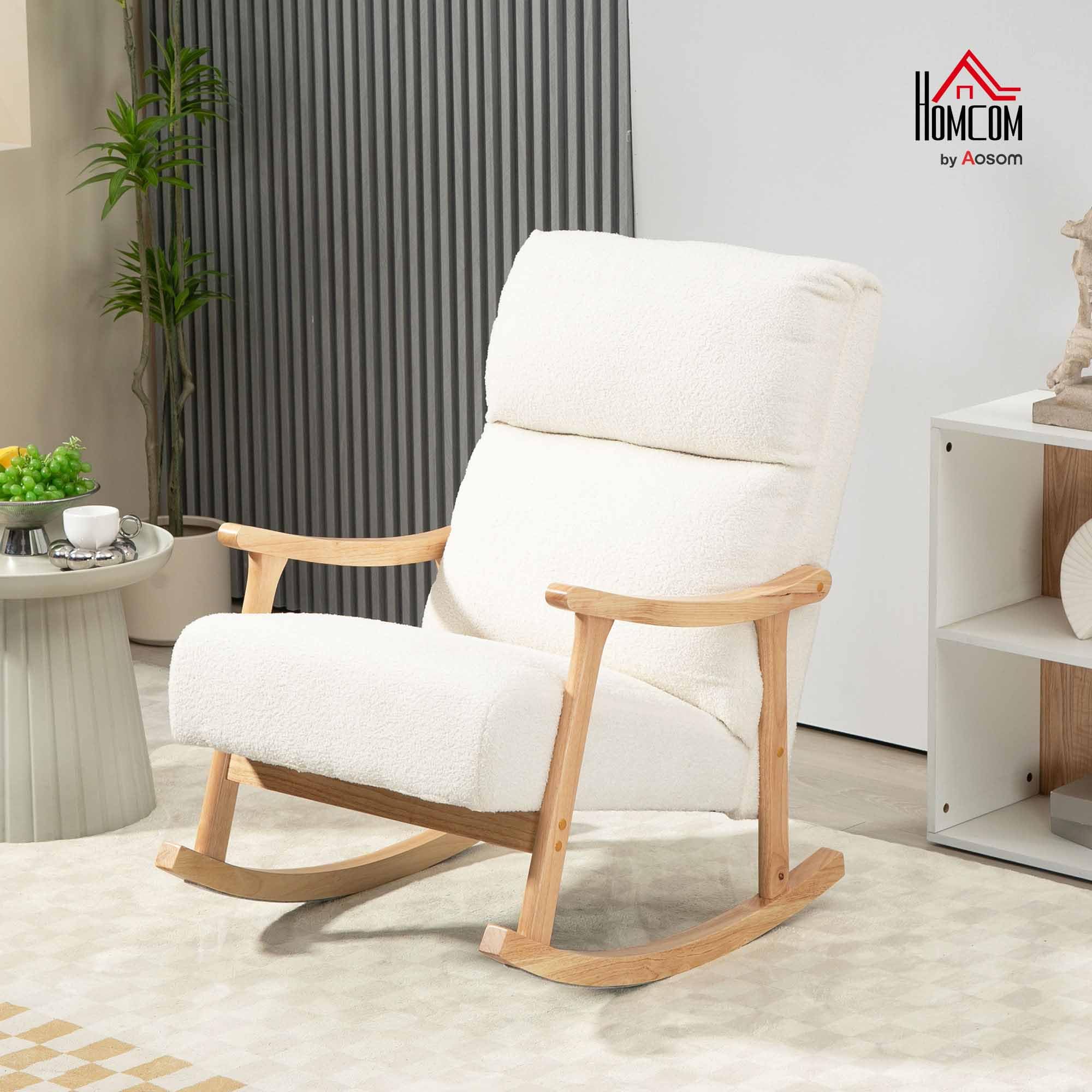 HOMCOM Fauteuil à Bascule en Velours Teddy avec Assise rembourrée, Dossier Ergonomique, accoudoirs, Rocking Chair Pieds en Bois d'hévéa pour Salon ou Chambre, crème