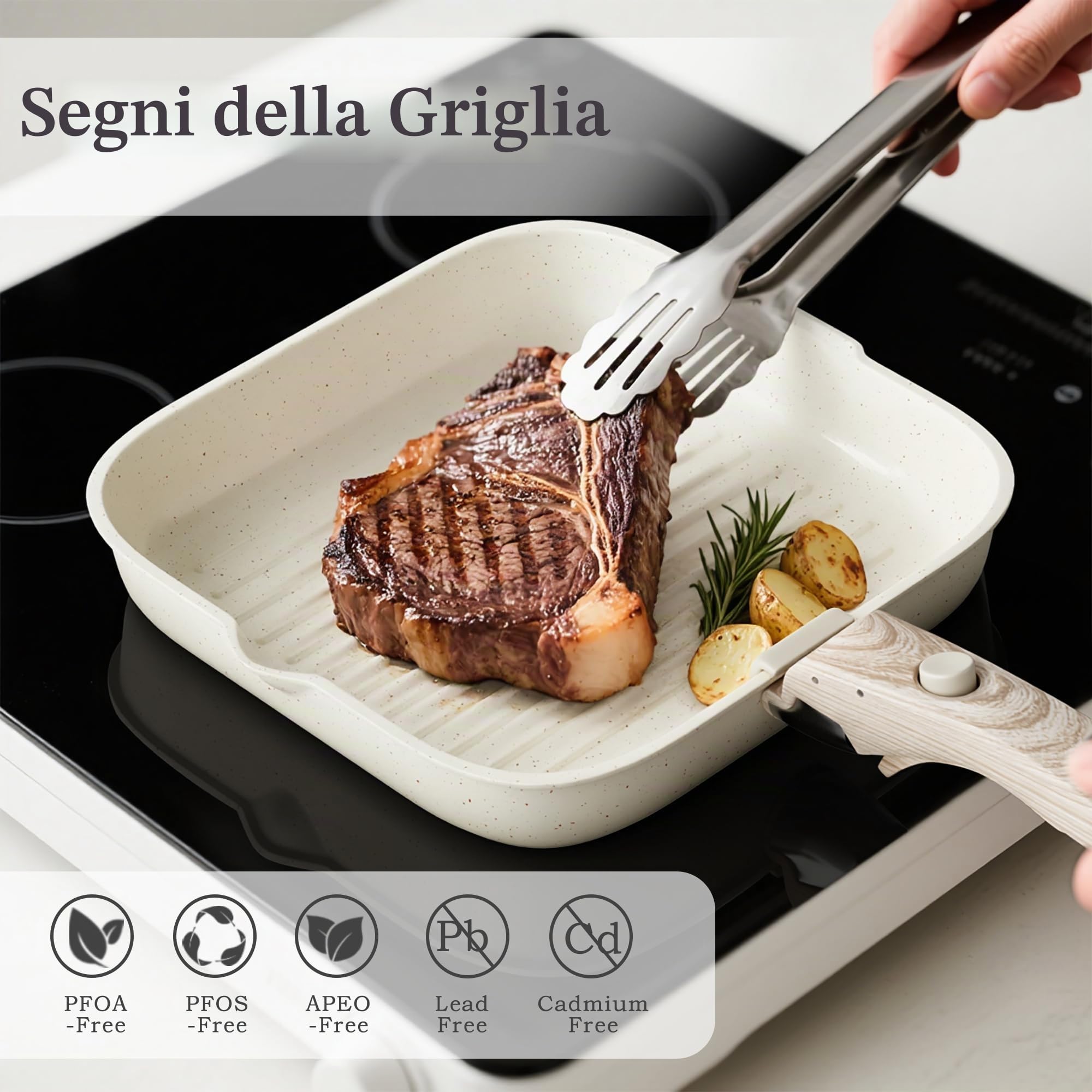 RIOVARM 28 cm Induzione Padelle grill con manici staccabili Antiaderente Padella per grigliare senza PFOA Padella per bistecche, per tutti i tipi di fornelli, Adatto per forno e lavastoviglie
