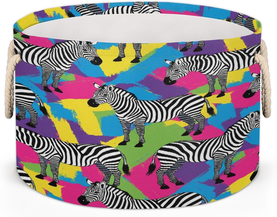 Large Storage Baskets - Neon Zebra Nursery Round Collapsible Organizer Bin Box, Laundry Hamper for Kids Toys, Blanket, Bedroom Living Room Home Decor, Gift Basket, 19.4"x13.3"