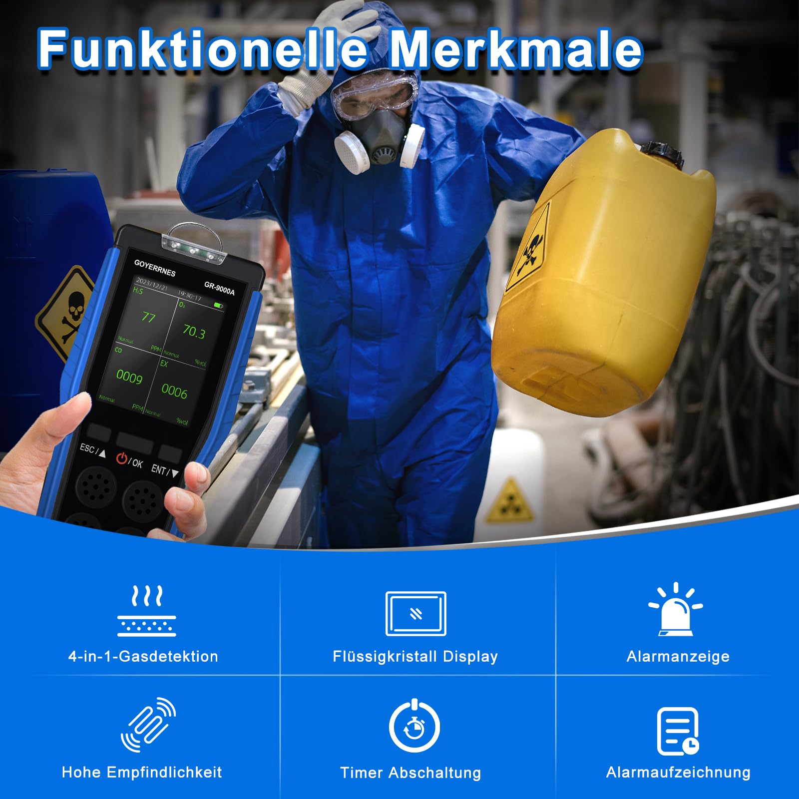 4 in 1 Gasdetektor Tragbarer Luftqualitätsdetektor Sauerstoff O2, Schwefelwasserstoff H2S, Kohlenmonoxid melder CO, brennbare Gase EX Alarm blinkender LCD-Bildschirm Datenspeicherung Geeignet für Indu
