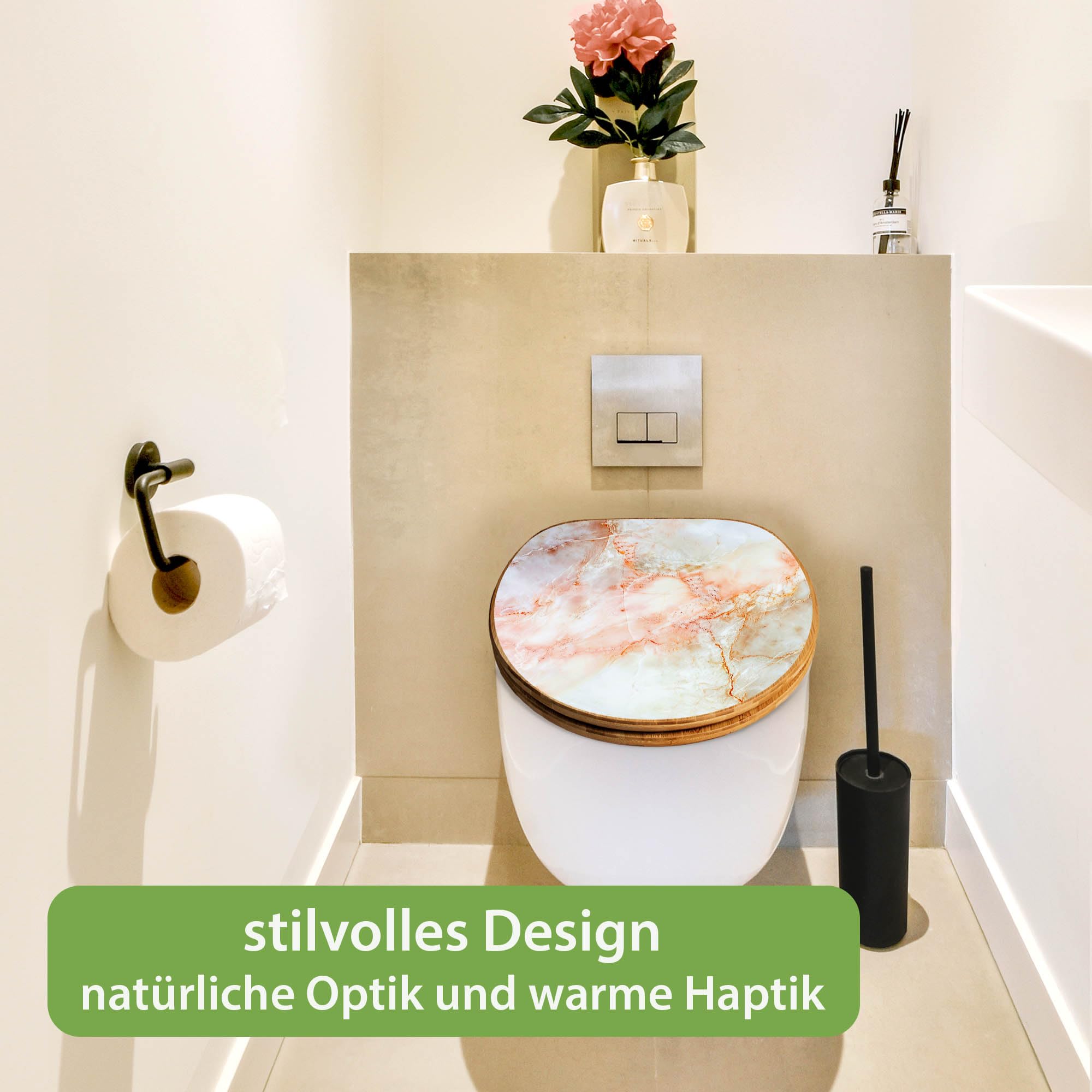banjado Design WC Sitz Bambus Absenkautomatik 45,8x37,5cm - Toilettendeckel mit Absenkautomatik Holz - hochwertiger Bambus Klodeckel - WC-Sitz für gängigen Toiletten - Motiv Rosa Marmor