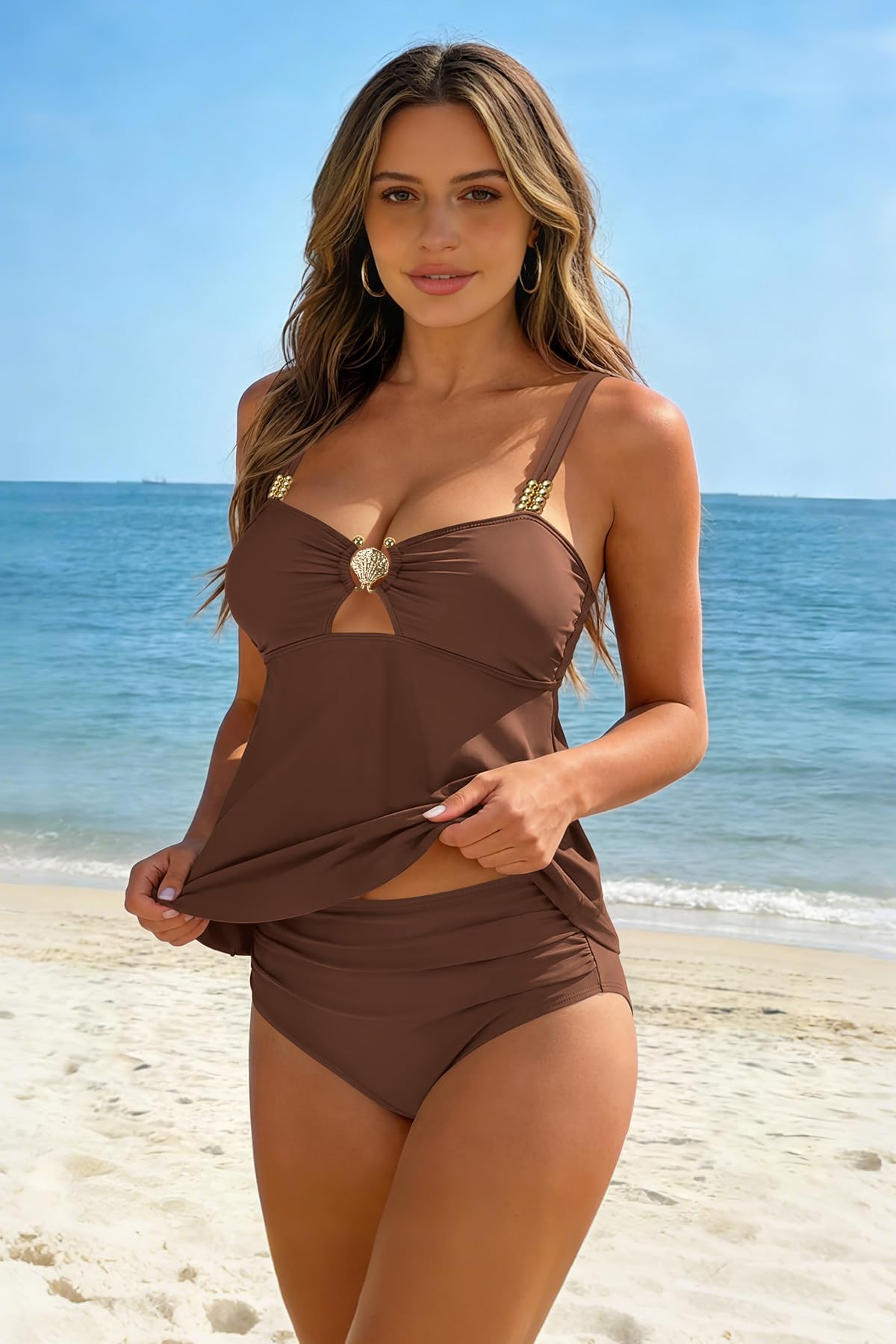 SHEKINI Tankini pour femme - Taille haute - Bikini 2 pièces - Push Up - Maillot de bain pour les loisirs - Pour l'été, la plage, les vacances