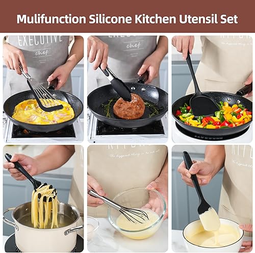 Miniatura 4 de Juego de utensilios de cocina de silicona negra, juego de utensilios de cocina de 9 piezas, juego de espátulas antiadherentes, espátula resistente