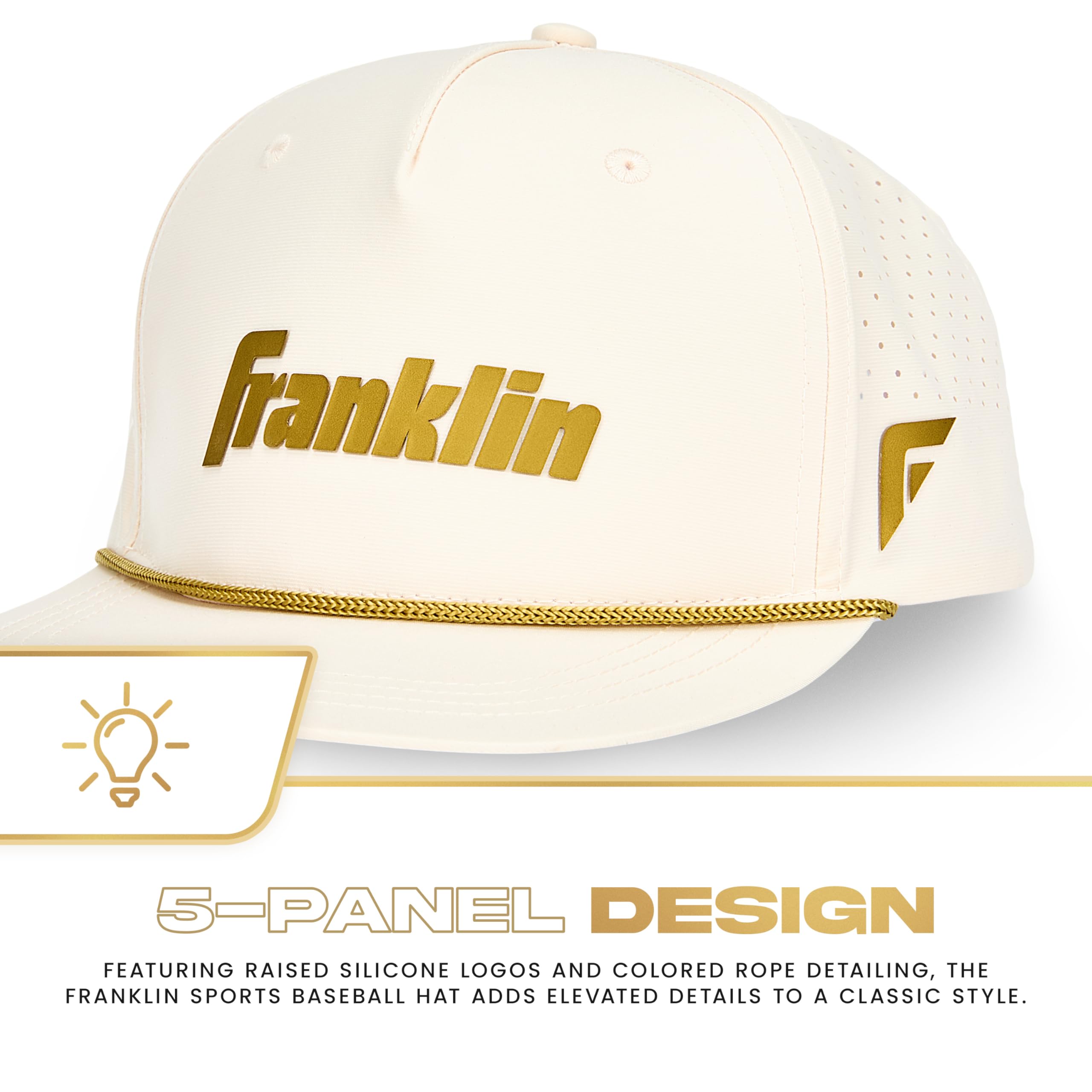 Franklin Sports Cappello da Baseball Snapback – Berretto da Baseball + Softball per Uomo e Donna – Cappello Sportivo per Adulti a 5 Pannelli – Cappello Fresco e Confortevole per Atleti – Vaniglia/Oro