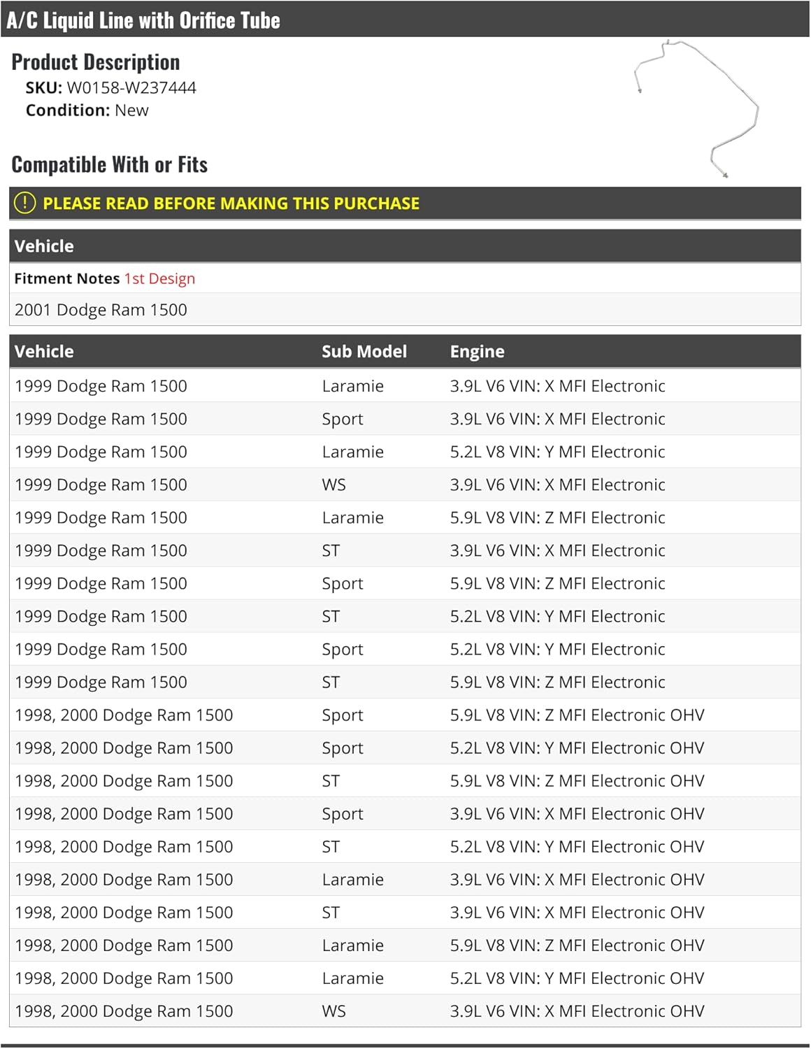 Marketplace Auto Parts A/C Liquid Line with Orifice Tube - Compatible with 1998-2001 Dodge Ram 1500