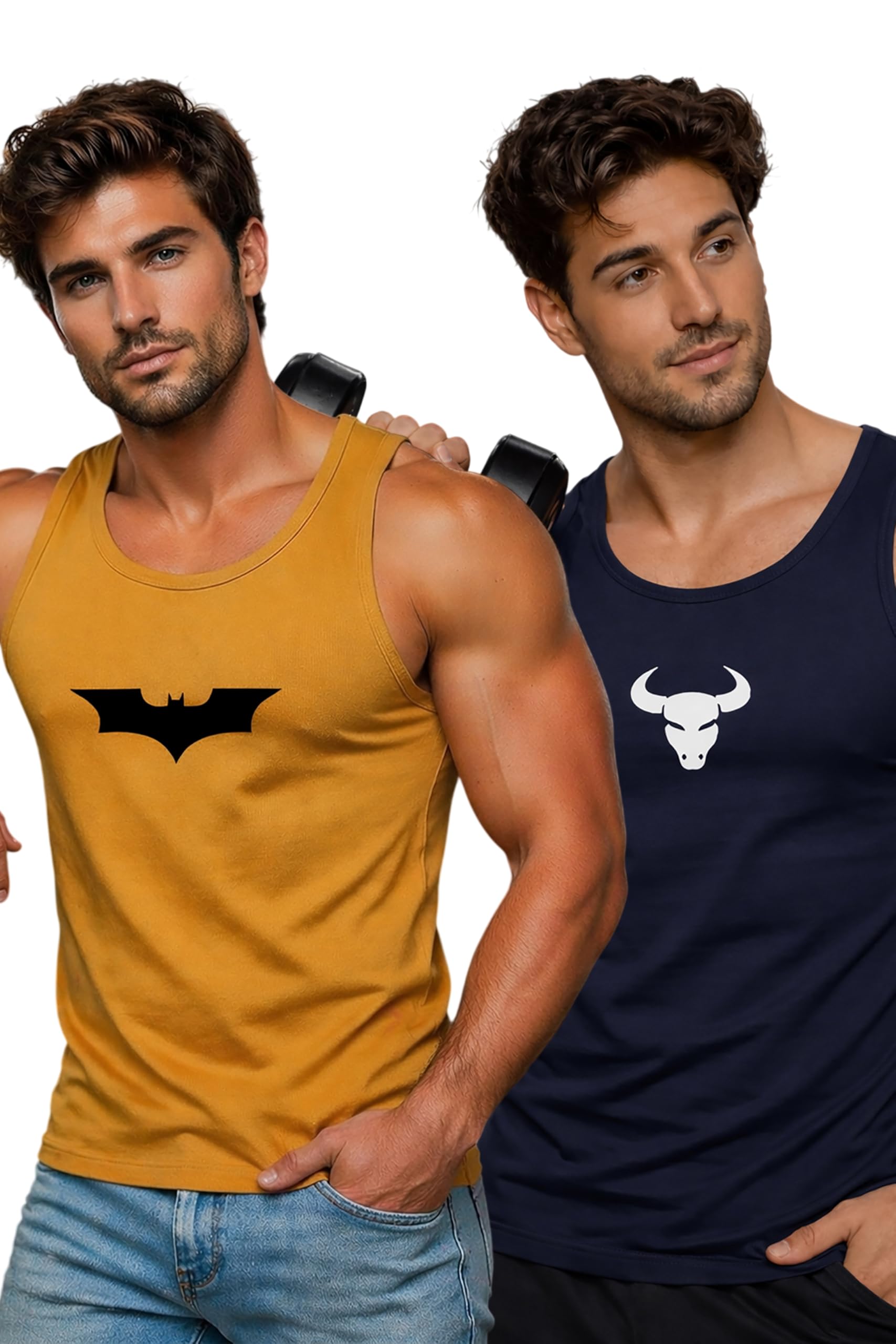 Polyester Letter Printed Vest for Men - Pack of 2 - Mustard & Navy Blue | Round Neck | Sleeveless | Regular Fit | Summer & Gym Wear Tank Top for Men-image-46