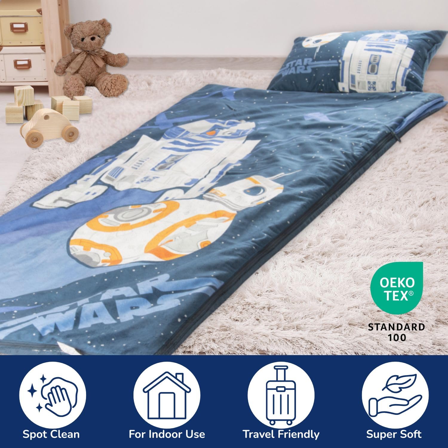 Set sacco a pelo e cuscino Star Wars Droidi - Comodo sacco nanna da viaggio con manico, ideale per gite scolastiche e pigiama party