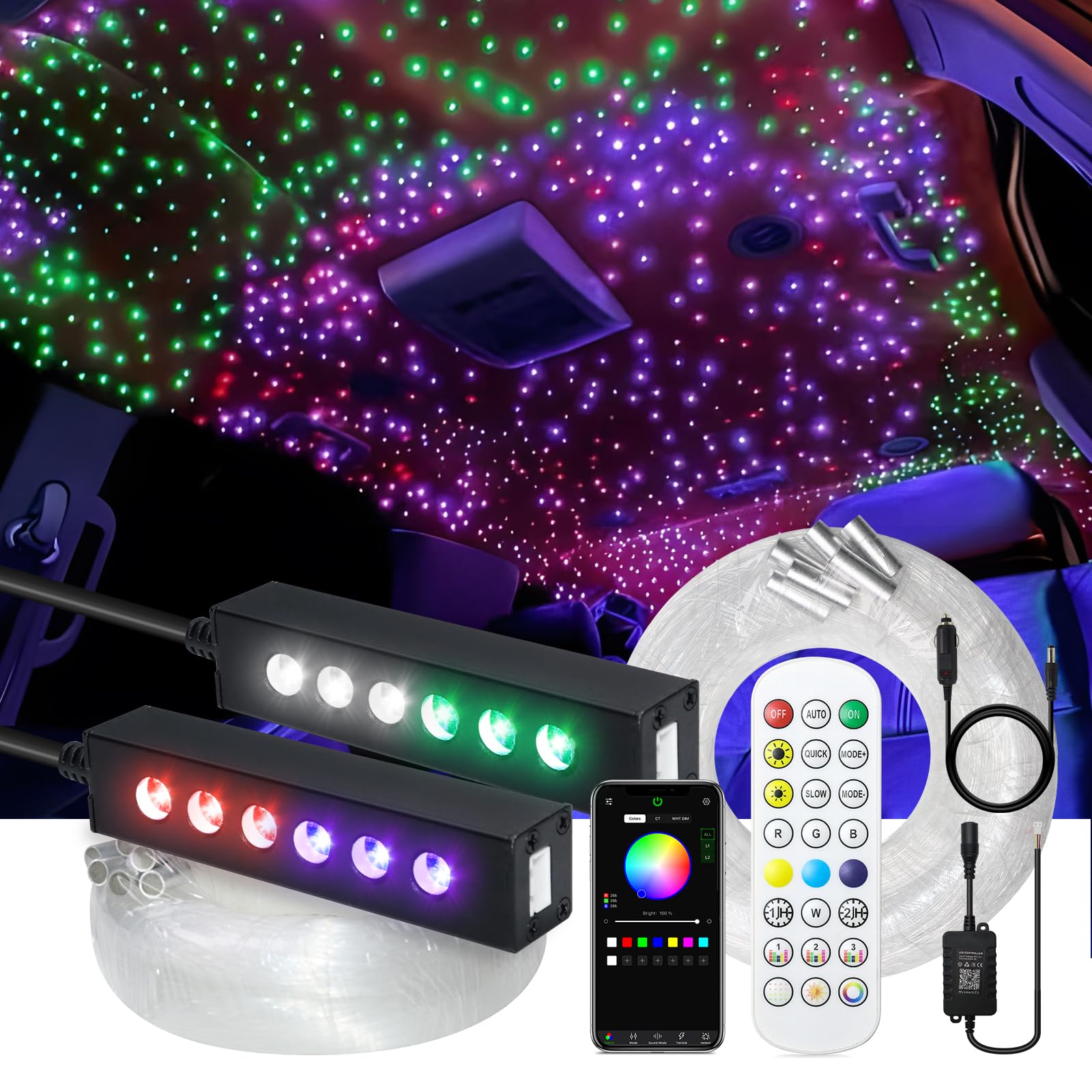 2PCS 3.2W 6LEDs Meteor Starlight Headliner Kit, 720pcs 0.01in 6.56ft, RGBW Shooting Stars Fiber Optic Lights with Bluetooth APP Control for Car/Home Theater