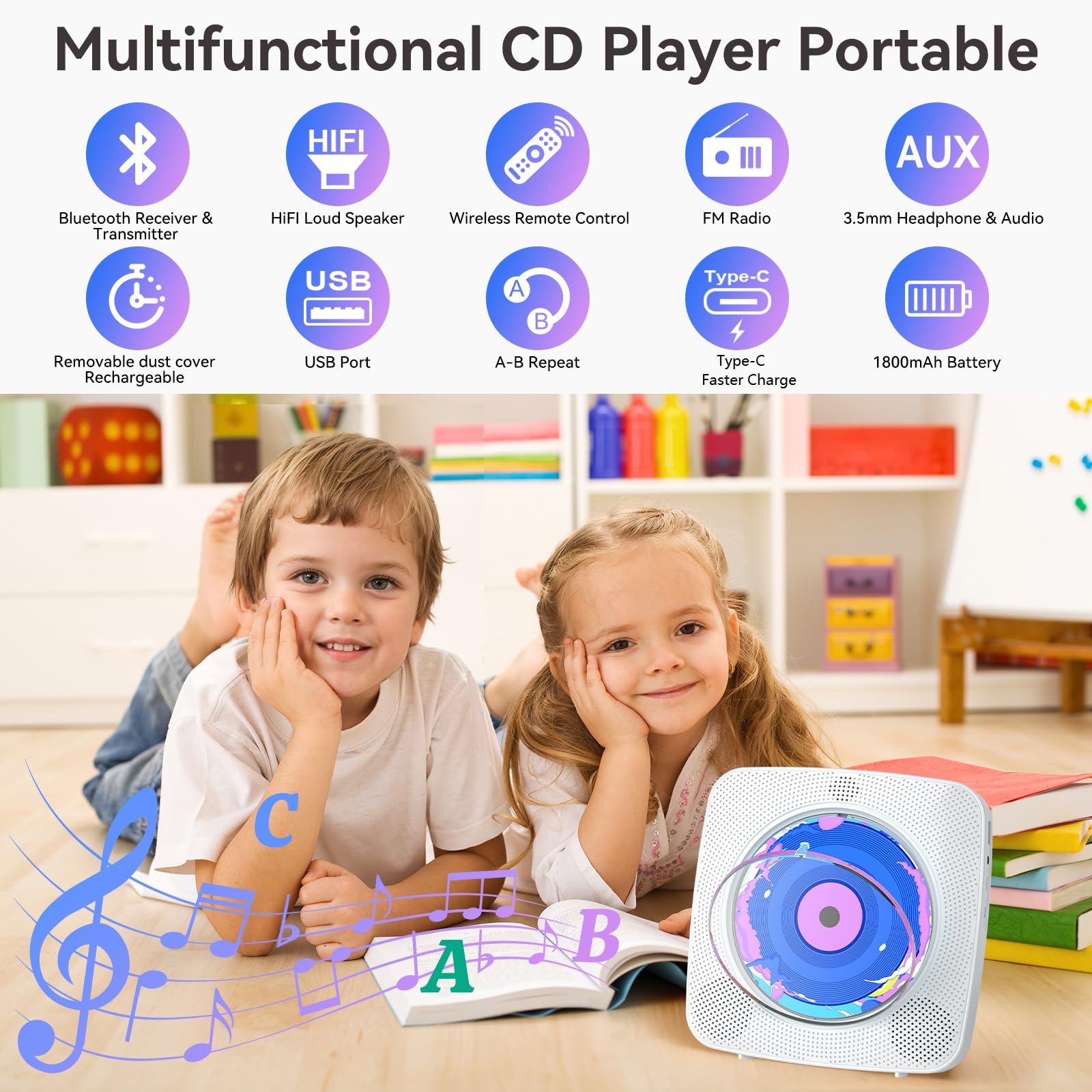 Lecteur CD Portable Bluetooth: Kegaudio Lecteurs CD Enfant avec Haut-Parleur Radio Lecteur de CD Mural avec Télécommande Prise USB AUX 3,5 mm Blanc