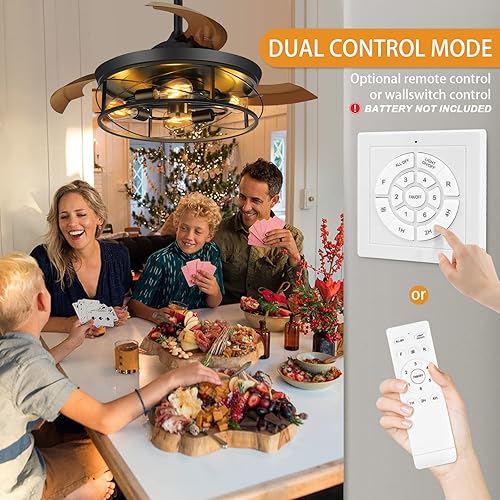 Vista 7 de Ventiladores de techo retráctiles de 42 pulgadas con luces con control remoto, ventiladores de techo industriales enjaulados, ventilador de techo