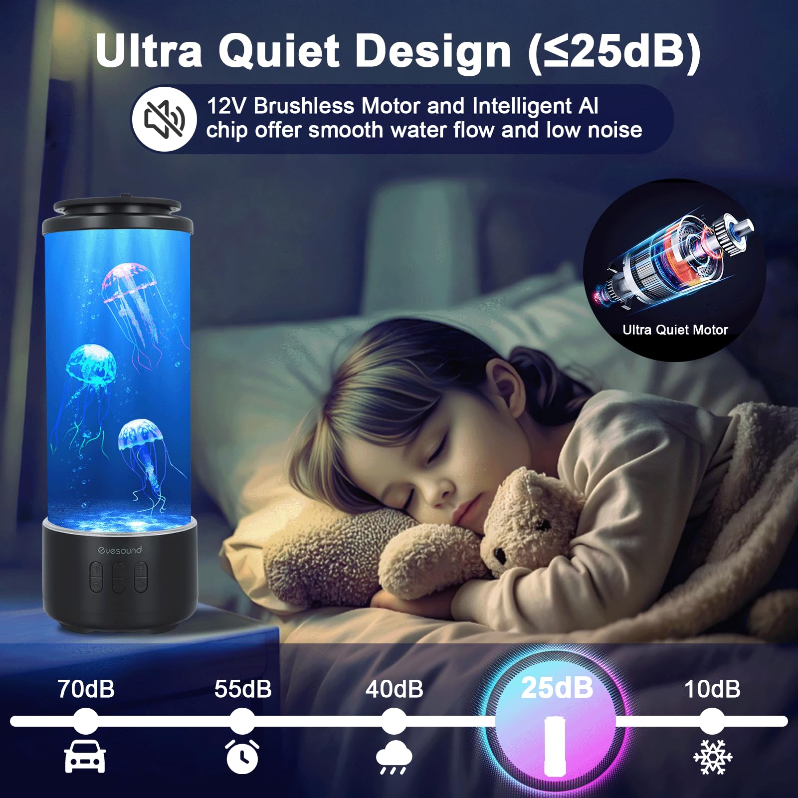 Lampe Meduse Aquarium Lumineuse avec Haut-parleur Bluetooth, 7 Couleurs Changeantes+4 Mode d'éclairage, Lampe de lave avec 3 Bruit blanc, Télécommande, Lampe d'ambianc pour Décoration et Cadeau (Noir)