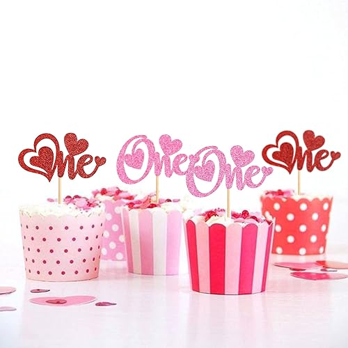 Miniatura 5 de Ercadio Paquete de 24 adornos para cupcakes de corazón rojo y rosa con purpurina de corazón para el primer cumpleaños aniversario decoración de