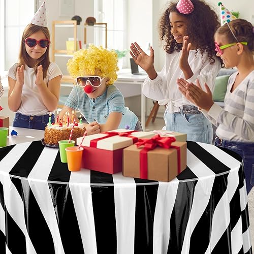 Miniatura 6 de Tatuo 3 manteles redondos de circo en blanco y negro de 84 pulgadas, manteles de circo de carnaval, a rayas, desechables, de plástico, para fiestas