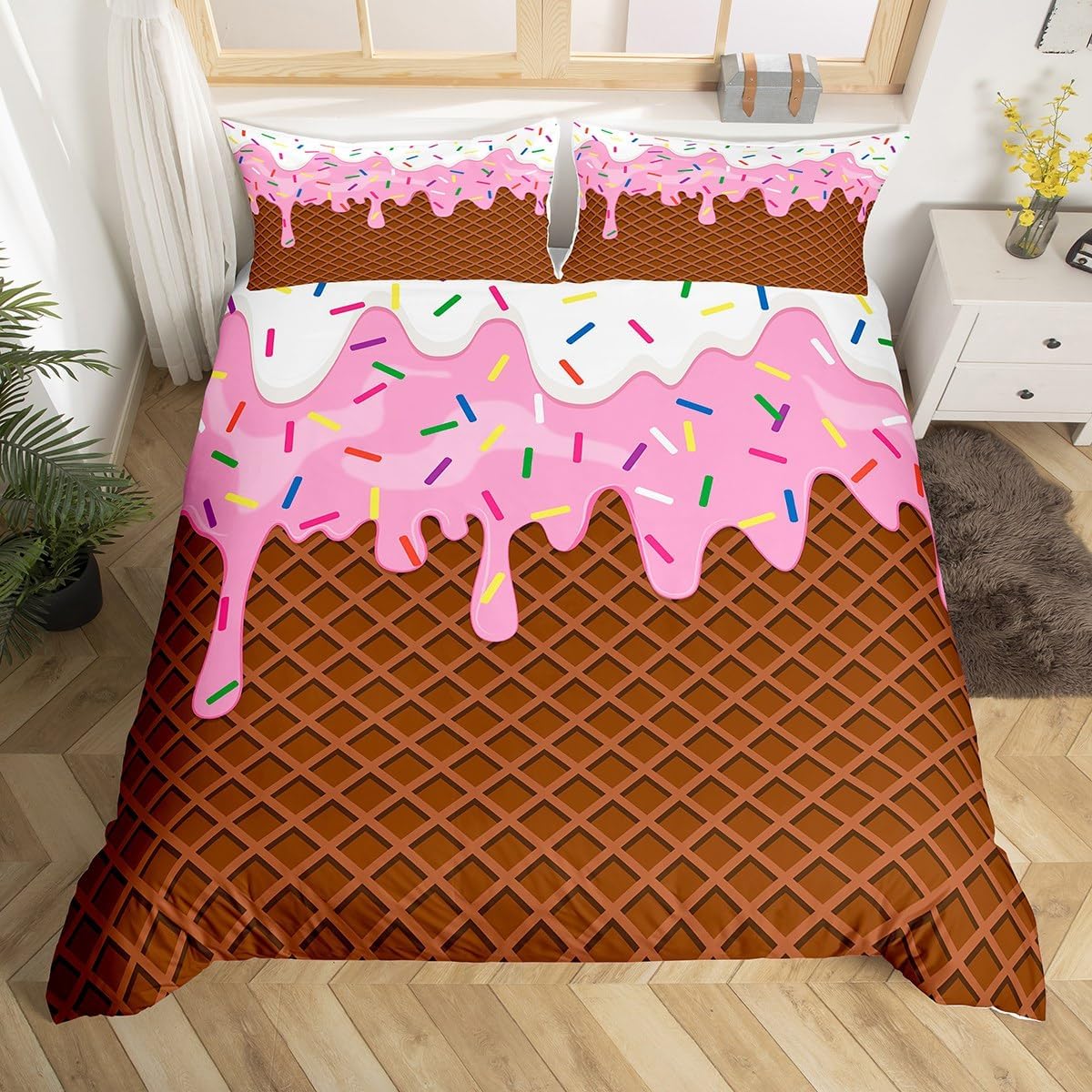 Colorful Candy Duvet Cover,Chocolate Pink White Ice Cream Bedding Set,Popsicle Comforter CoverGirls Kids Room Decor,Women Cream Cake Bedspread Cover Queen Size with 2 Pillow Cases(No Comforter)