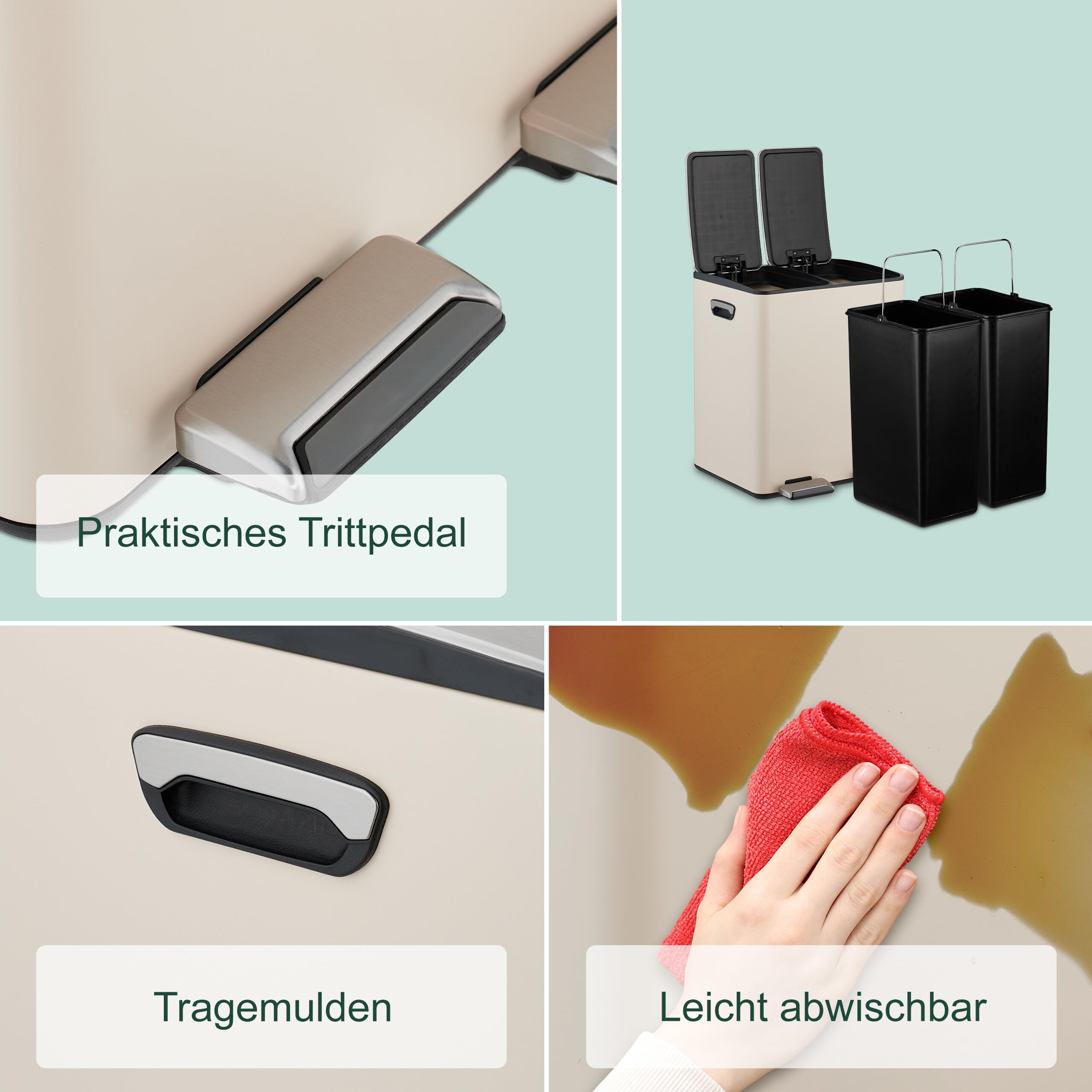 Relaxdays Mülleimer, 2 Fächer, je 15 Liter, entnehmbare Inneneimer, Fußpedal, Küche, Tretmülleimer, Eisen, beige/Silber