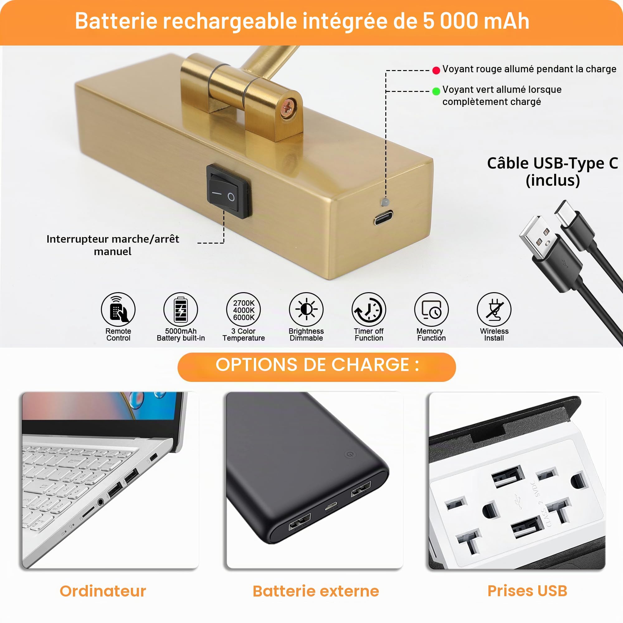 Tassuowell Applique murale sans fil rechargeable à piles pour peintures, intensité variable 3CCT, finition laiton de 40 cm avec télécommande, lumière rotative pour affichage de photos