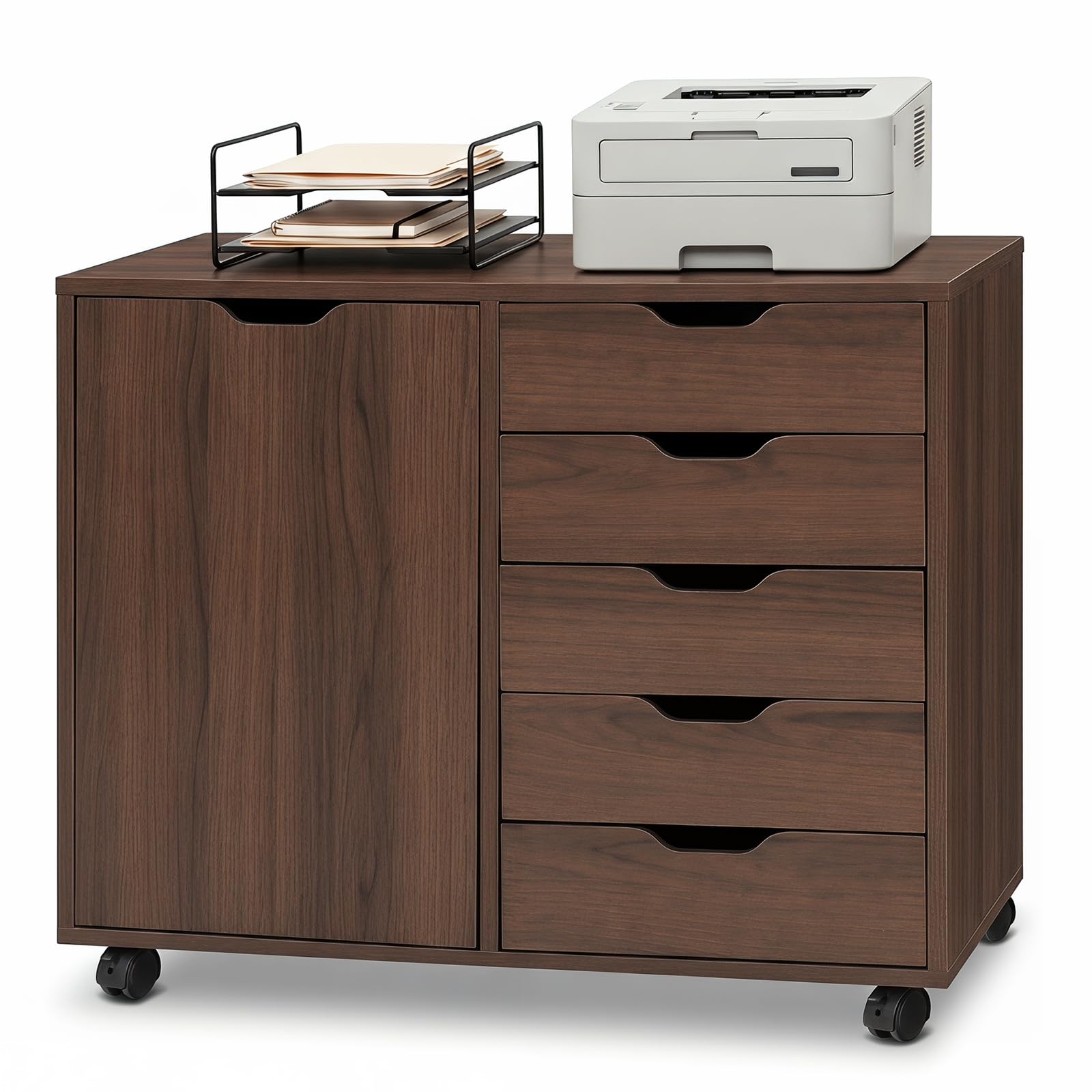 GIANTEX 5-Drawer File Cabinet with Wheels, Wooden Rolling Lateral Filing Cabinet with Door and Adjustable Shelf, Chest of Drawers, Mobile Printer Stand Organizer for Home Office and Bedroom (Coffee)