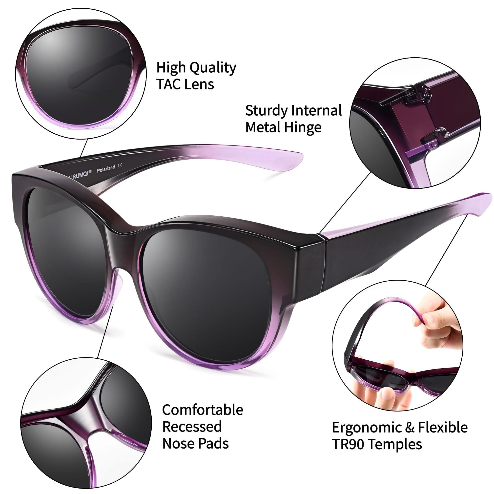 URUMQI Überzieh Sonnenbrille für Brillenträger Damen UV400 Schutz Blendschutz Polarisierte Sonnenbrille Fit over Brille Ultra Leicht Rundes Katzenauge Lila Rahmen