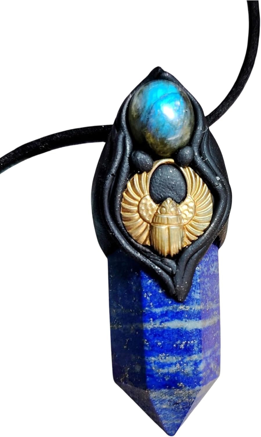 | Egyptian Scarab Amulet Necklace | Lapis Lazuli and Moonstone Pendant | Winged Gold Beetle Jewelry | Good Luck and Protection Egypt Magic
