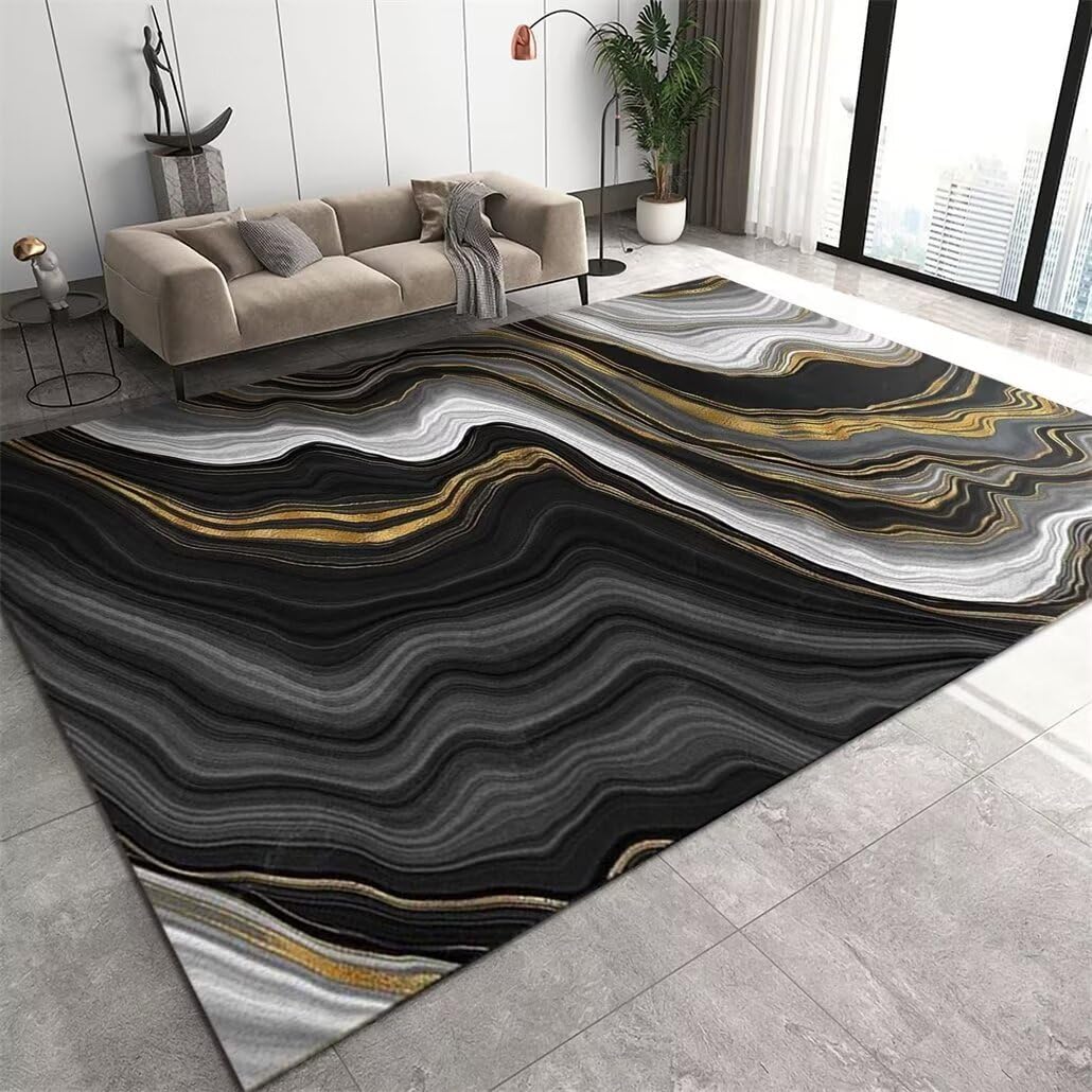 Tapis de salon anti-taches à rayures abstraites noir 180x230cm