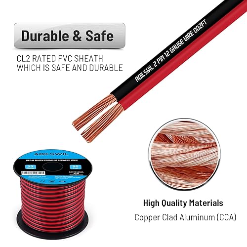 Miniatura 4 de ADILSWIL Cable de altavoz calibre 12, 50 pies, 122 AWG CCA, cable rojo y negro, 2 conductores con cremallera unida, cable de bajo voltaje, CC 12 V24