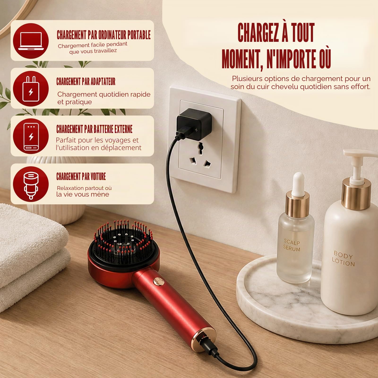 Brosse de Massage Électrique Cuir Chevelu, Brosse Massage Cuir Chevelu Electrique, Masseur de Tête Électrique avec Lumière Rouge, 3 Modes Peigne de Massage Électrique
