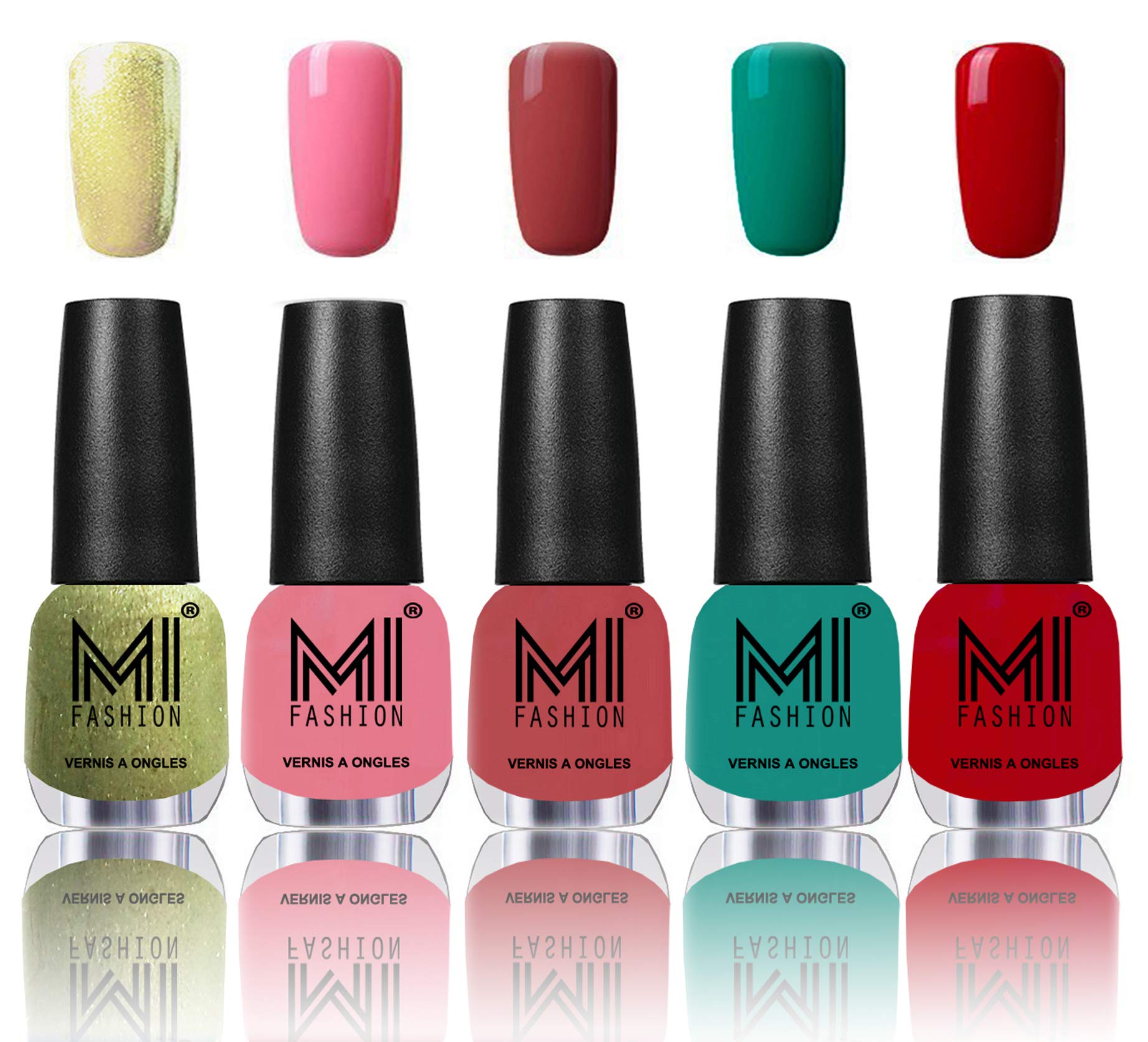 MI Fashion® 5 Unique Shades Long Lasting Nail Polish Combo of 5 Pcs - Metallic Olive Green,Doll Pink,Rustic TAN,Sea Green and Sinfully Red