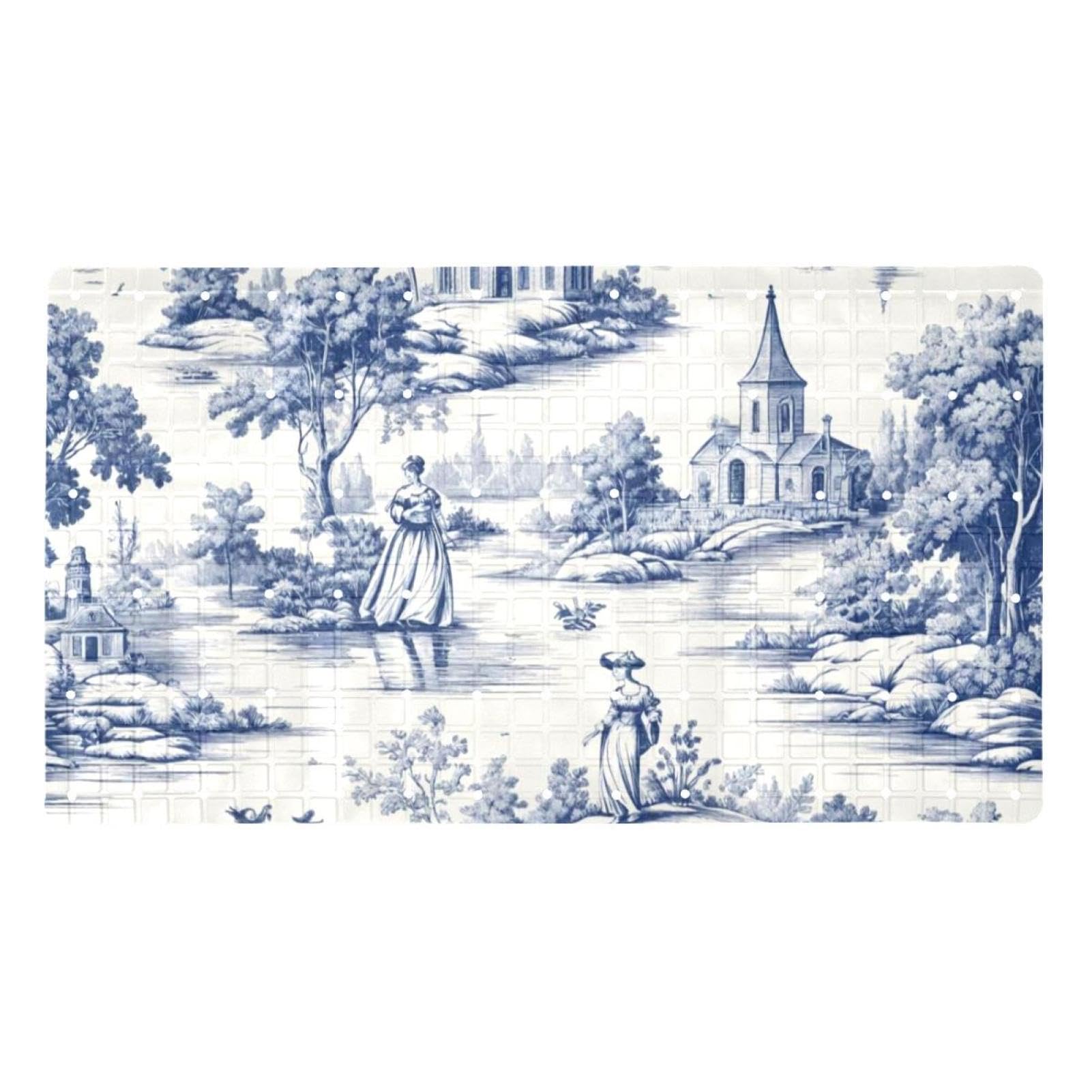Tapis de bain antidérapant extra long en PVC blanc et bleu pour baignoire sécurisée