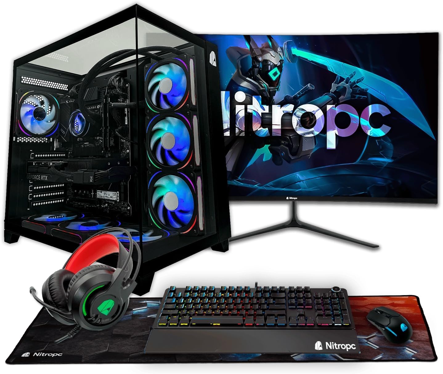 NitroPC – Pack Diamond Plus | PC Gaming Completo (AMD Ryzen 7 7700X 4.5GHz, RTX 5060 Ti 16GB, RAM 32GB, M2 1TB, Windows 11 PRO, RGB | WiFi Monitor Curvo 27″, Teclado ratón Cascos) PC sobremesa (Negro)