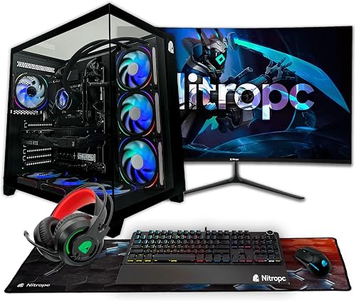 NitroPC - Pack Extremo | PC Gaming Completo (Intel Core i7 12700K 12/20 5.0GHz, RTX 5060 8GB, RAM 32GB, M.2 1TB, Windows 11 Pro | WiFi, Monitor Curvo 27", Teclado, ratón, Cascos) PC sobremesa (Negro)
