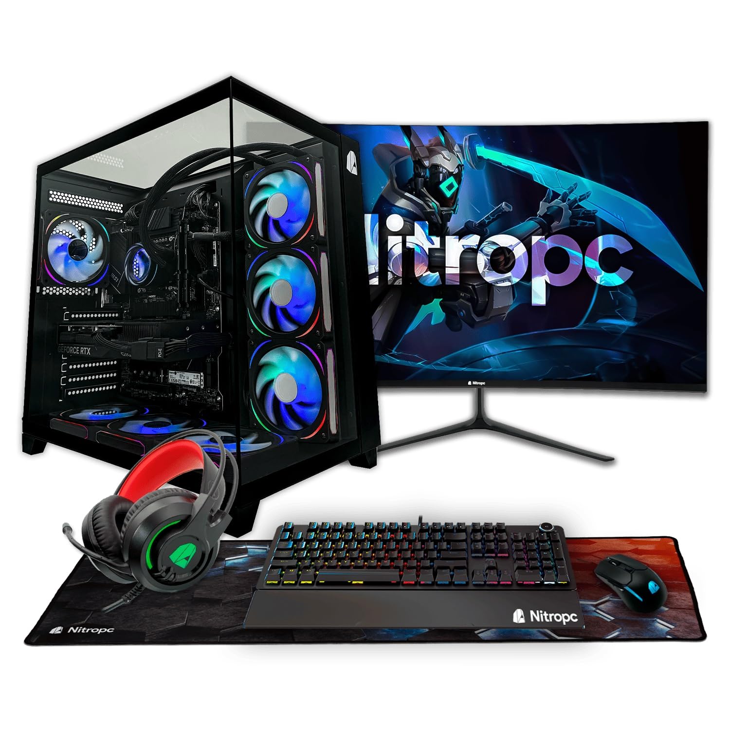 NitroPC - Pack Extremo | PC Gaming Completo (AMD Ryzen R7 5800X, RTX 5060 8GB, RAM 32GB, M.2 1TB, Windows 11 Pro, RGB | WiFi, Monitor 27", Teclado, ratón, Auriculares) PC sobremesa (Negro)