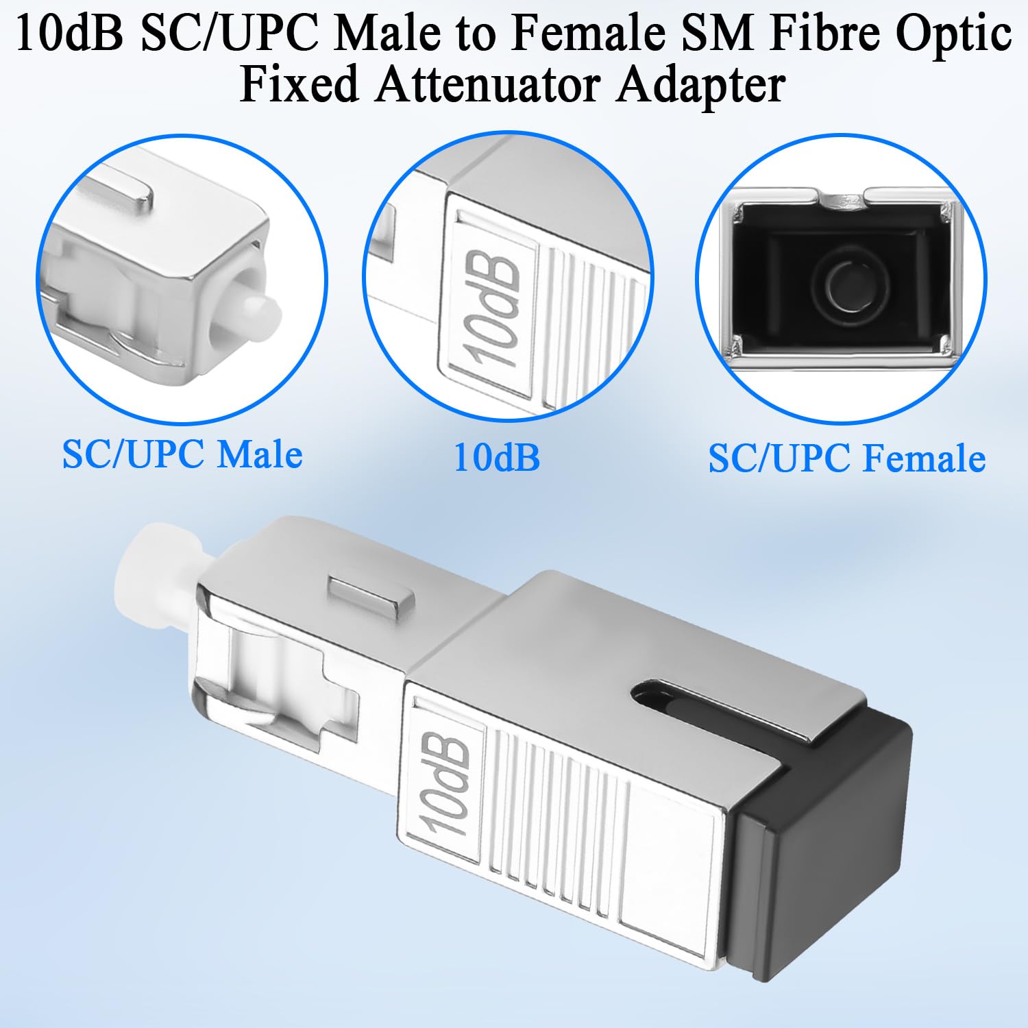 QIANRENON 10 dB SC/UPC Singlemode Fibra Ottica Attenuatore Fisso Adattatore SC Maschio a Femmina Fibra Ottica Fissa Attenuatore Valore Attenuatore 10dB ± 1, per FTTH CATV PON Fibre Network