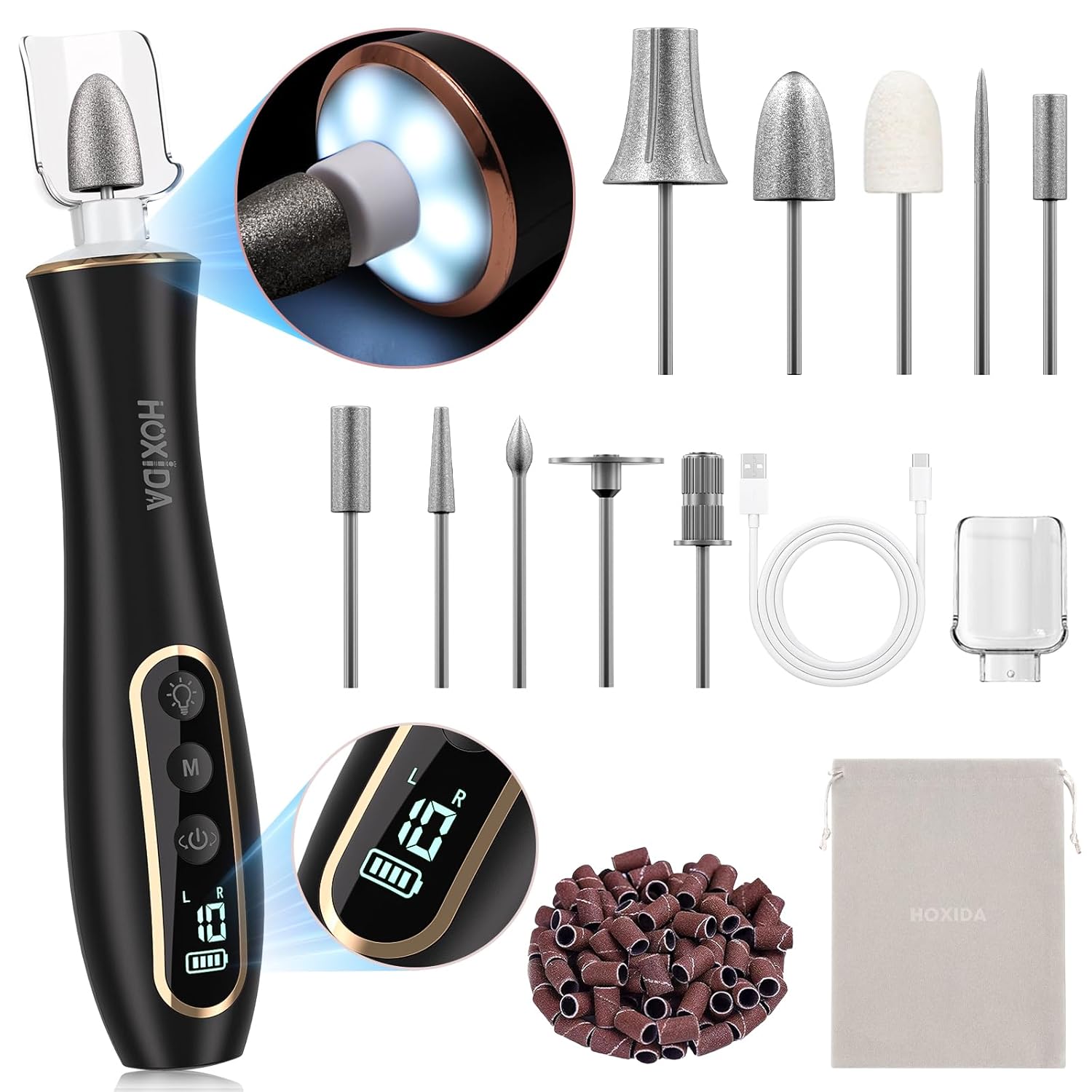 Electric Nail Drill, Professional Manicure Pedicure Kit, Cordless Electric Nail File Set, Rechargeable Pedicure Tools for feet, 10 Speeds Hand Foot Care Nail Drill for -360° LED Light Black Electric Nail Drill, Professional Manicure Pedicure Kit, Cordless Electric Nail File Set, Rechargeable Pedicure Tools for feet, 10 Speeds Hand Foot Care Nail Drill for -360° LED Light Black