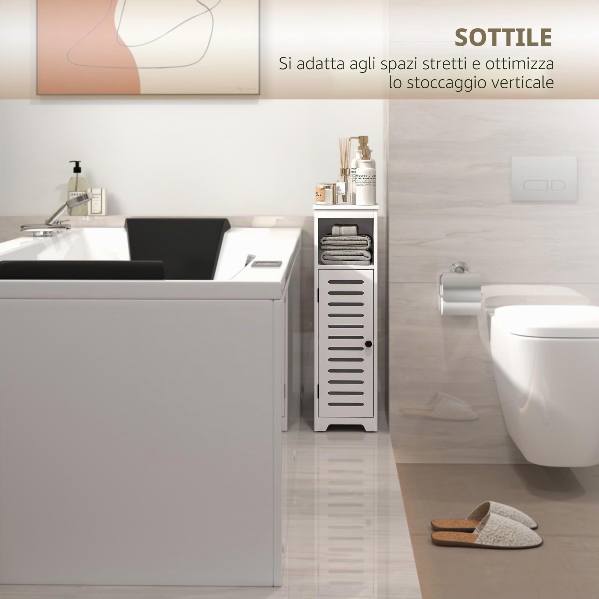 HOMCOM Armadietto bagno sottile porta persiana, ripiano aperto, bianco