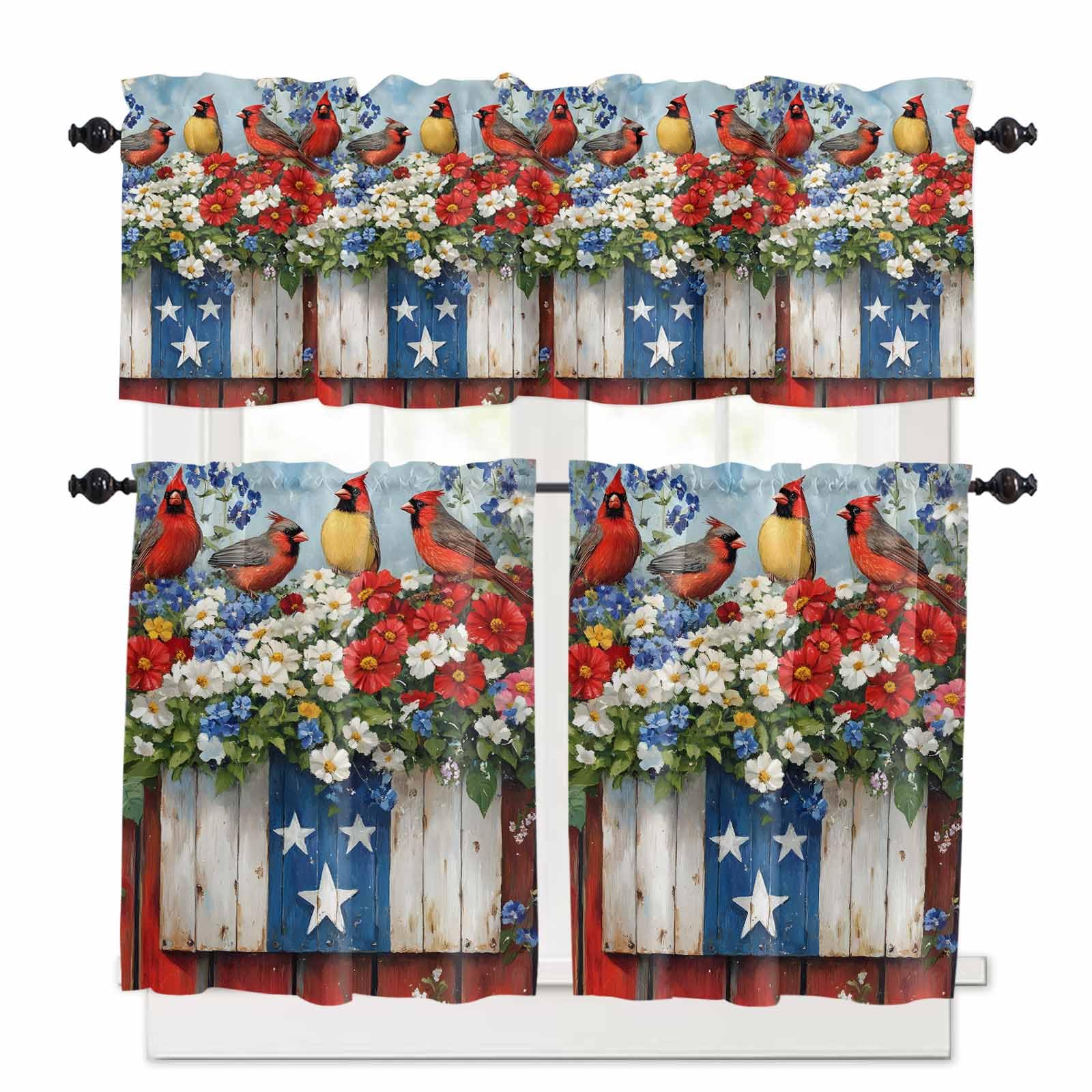 Star Stripe Flag Kitchen Curtains 24 Inch Length,3 Piece Rod Pocket Small Half Tiers and Valance Set,Patriotic Red Blue Poppy Flower Bird Small Large Window Treatment Decor for Bedroom/Bathroom Sink