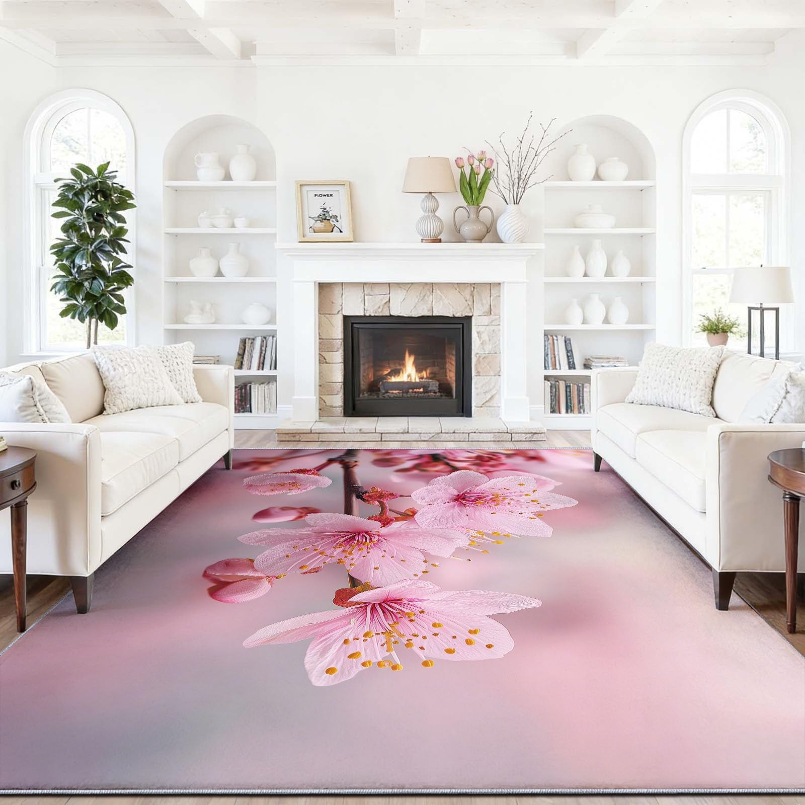 Dywan można prać w pralce, przy wejściu, 160 x 230 cm, akwarelowy styl, gałęzie sakury, dywan antypoślizgowy, różowy biały niski runo, nie gubi włosia, do dekoracji herbaciarni Zen Serenity, wiosenny