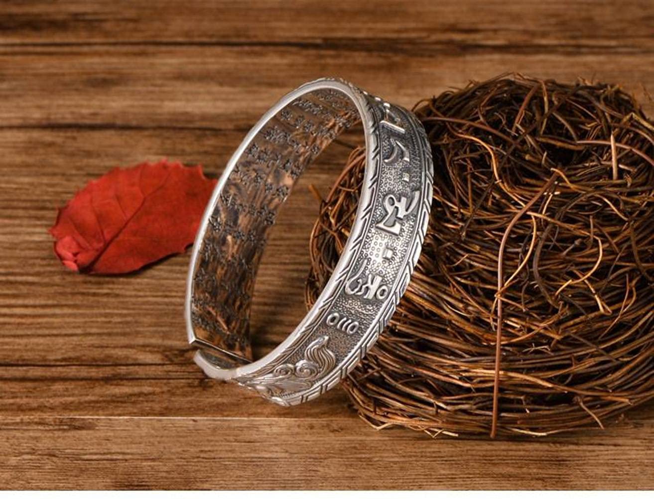Bracciale Rigido Retrò in Argento Sterling 999 Bracciale Rigido in Argento Scritture Buddiste Femminile Larghezza Scritta Solida Maschile Braccialetto D'Argento Delle Scritture2