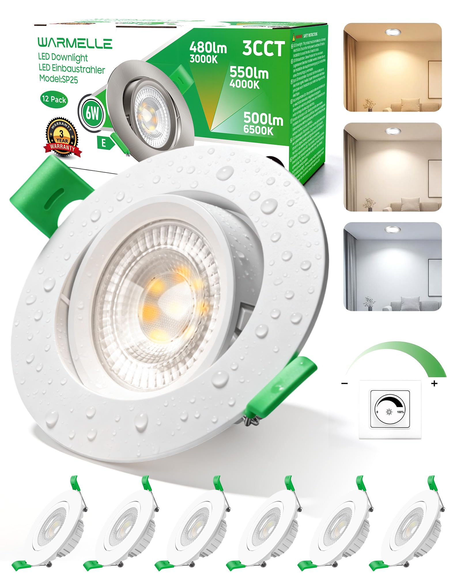 WARMELLE 6W LED Downlights for Ceiling 6 Pack with Aluminum Cup,IP44 LED Bathroom Light,480-550LM,Dimmable 3000K/4000K/6500K Tiltable Recessed Ceiling Lights for Bedroom,Kitchen,CutoutΦ75mm - White