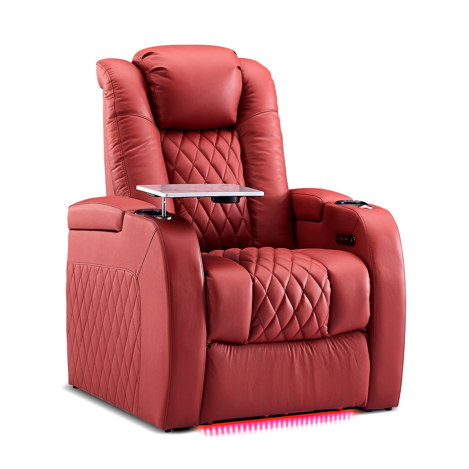PBRO Home Theater Seating Genuine Leather Recliner Chair, Power Reclining & Headrest, USB A/C Charging Ports, Tray Table, Cup Holder Ambient Lighting
