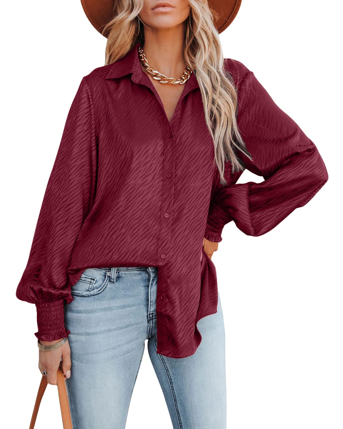 MOPOOGOSS Women's Button Down Shirts V Neck Satin Embossed Plain Blouses Long Sleeve Silk Office Work Casual Tops