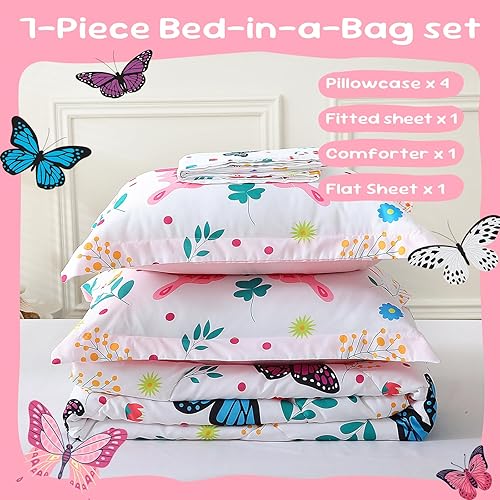 Miniatura 4 de Juego de edredón de mariposa para niñas, tamaño matrimonial, 7 piezas, ropa de cama en una bolsa, flores coloridas y hojas, juego de ropa de cama