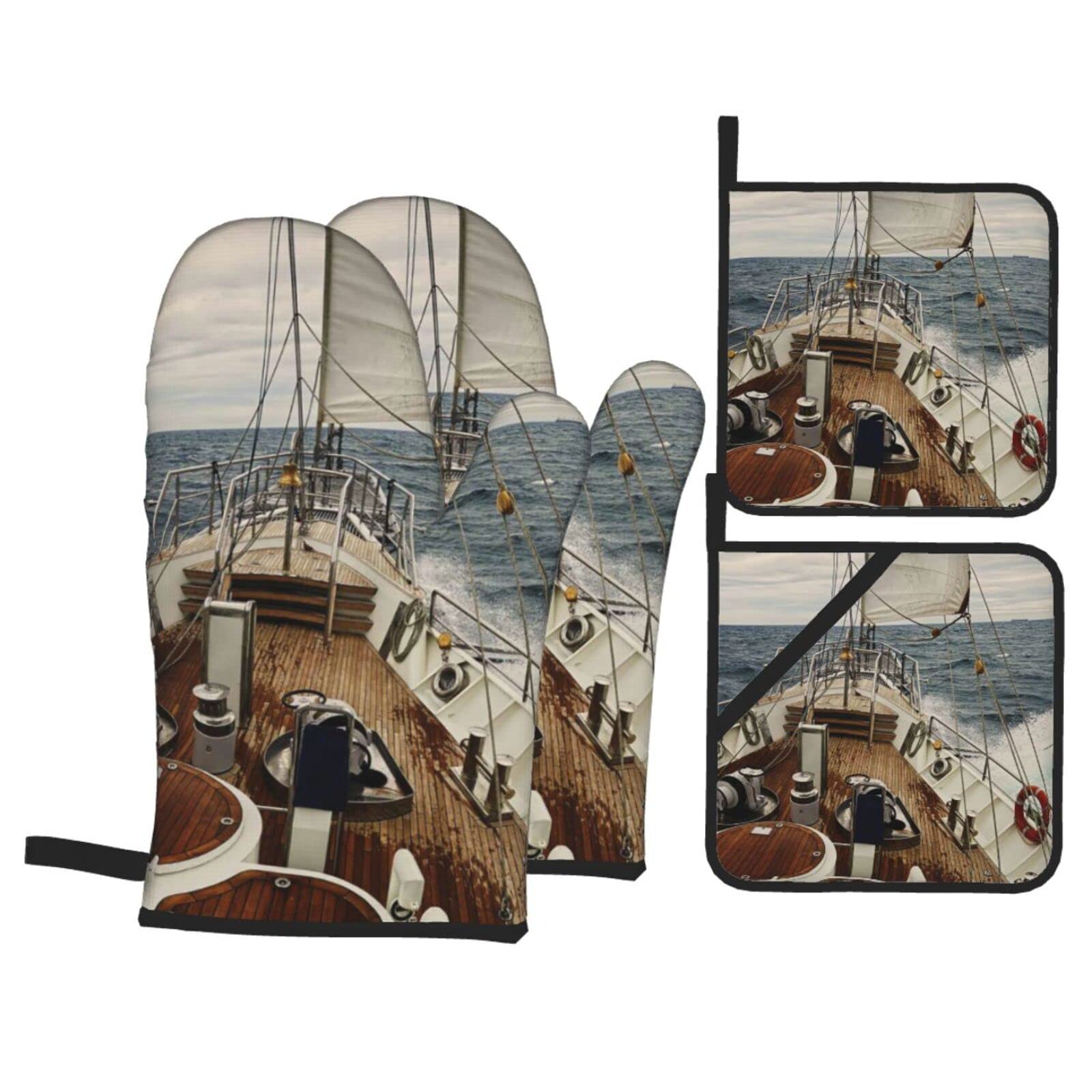 Ocean Sailboat Print Kitchen Baking Four Piece Set of Heat Resistant Thick Cotton Oven Mitts for Cooking, Baking and Grilling