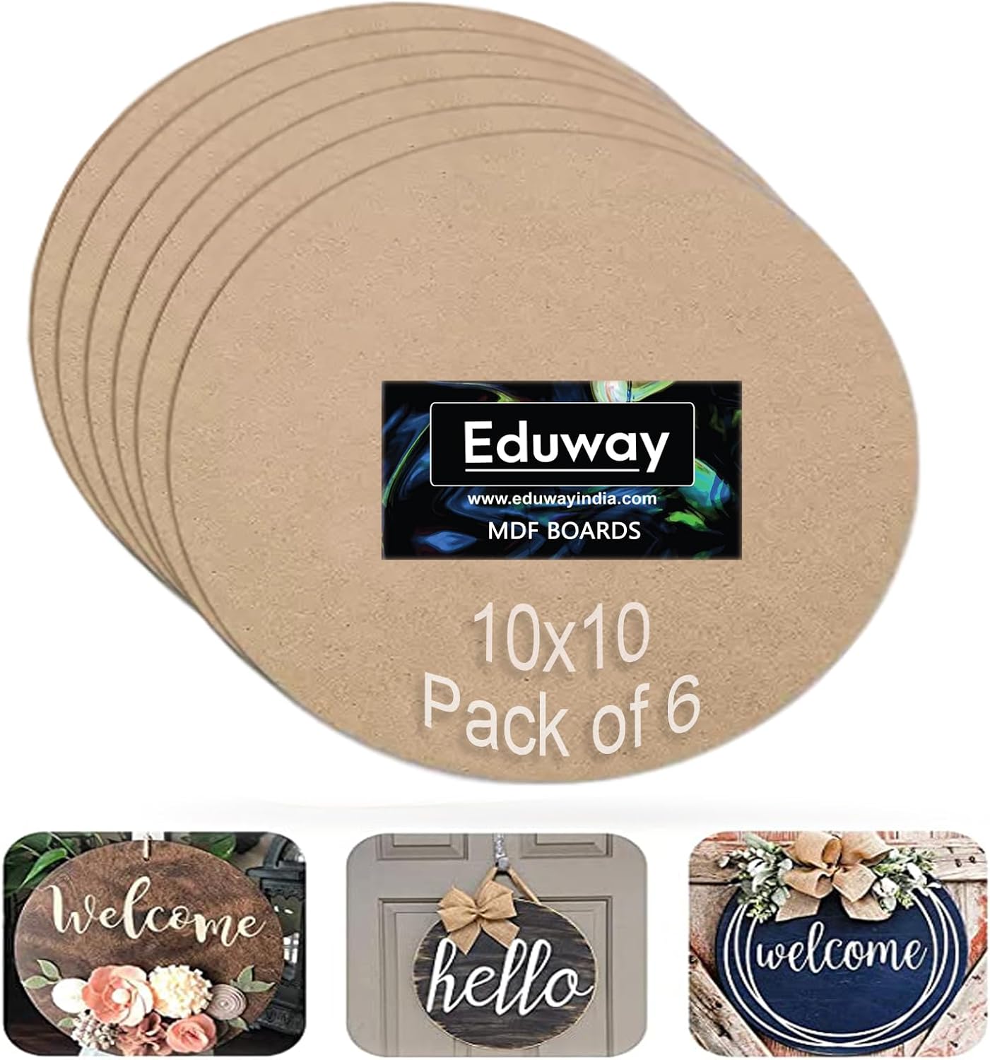 Eduway® 10 Inch Round MDF Board for Mandala, Lippan, Resin Art & Craft, 4mm Thick,Pof 6 Premium Cardboard Material for Artists, Art & Craft - Hard Cutout in Small and Large Sizes (25x25 cms)