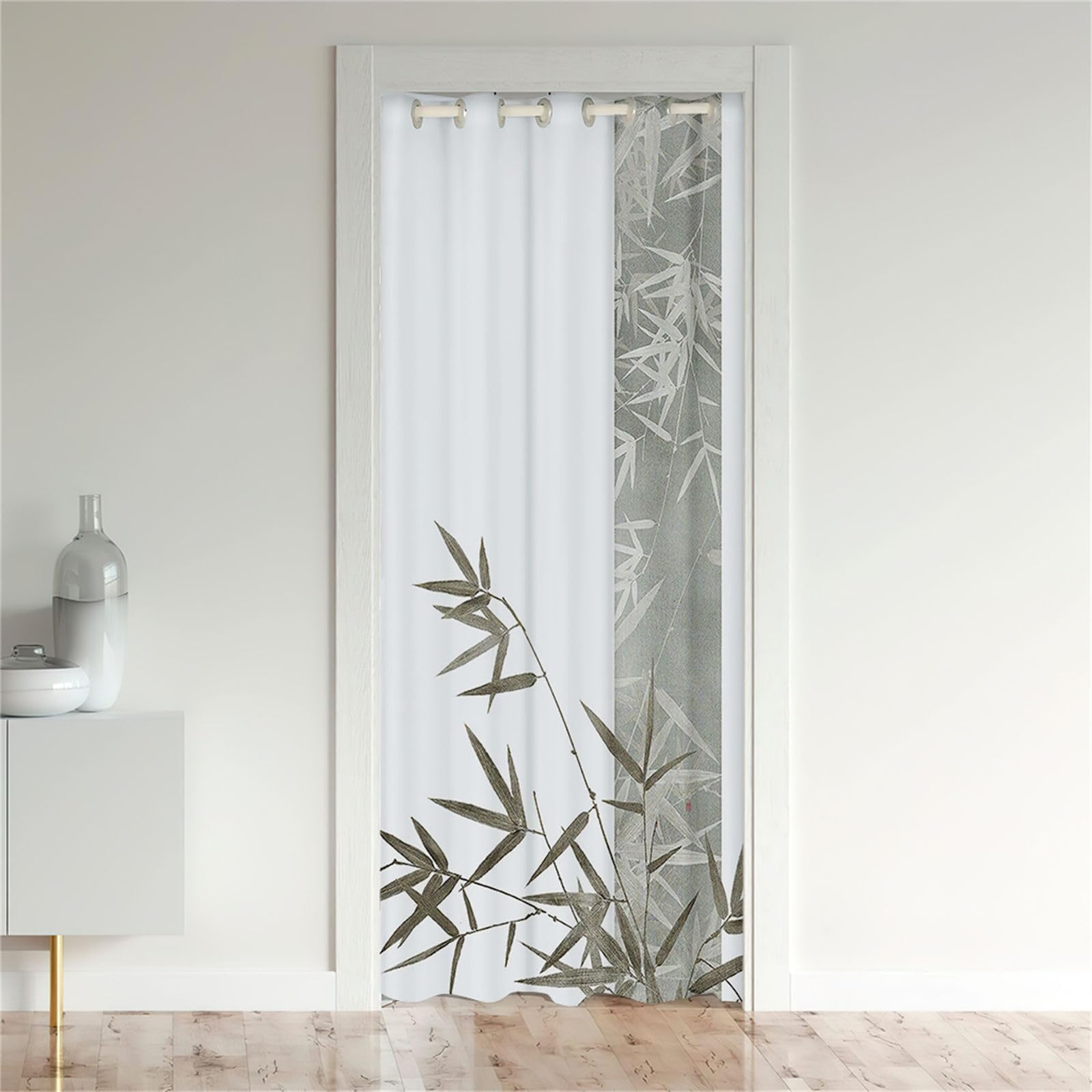 Odot Tende Oscuranti per Porta con Occhielli, Motivo Foglie di bambù Tenda Divisoria per Stanza Tende con Occhielli per Interni Tenda Porta Isolamento Termico (80x180cm,Foglie Grigie