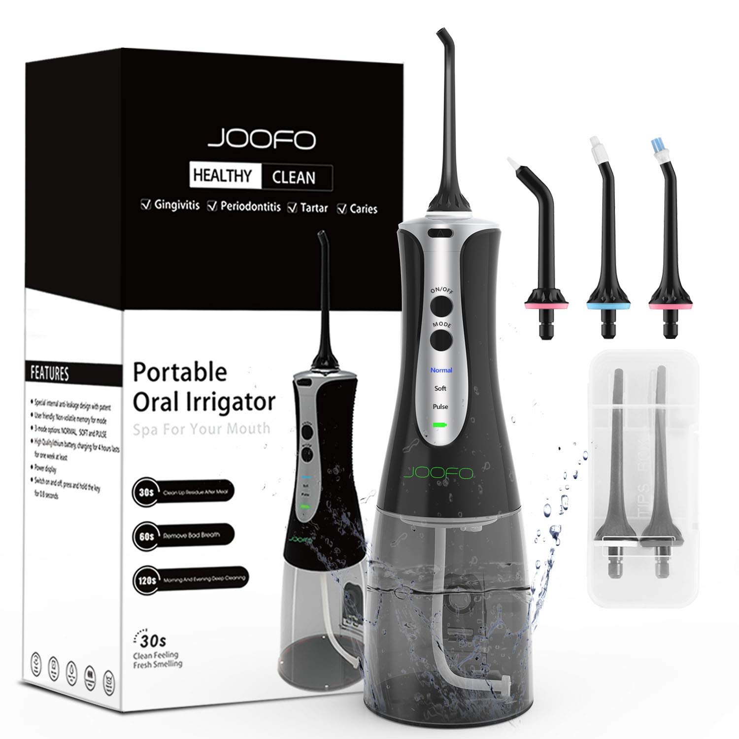Water Flosser,JOOFO Cordless Water Flosser Teeth Cleaner for Anti Leakage,3 Modes and 5 Jet Tips,300ML Portable&Rechargeable IPX7 Waterproof Oral Irrigator for Home,Travel,Office (Black)