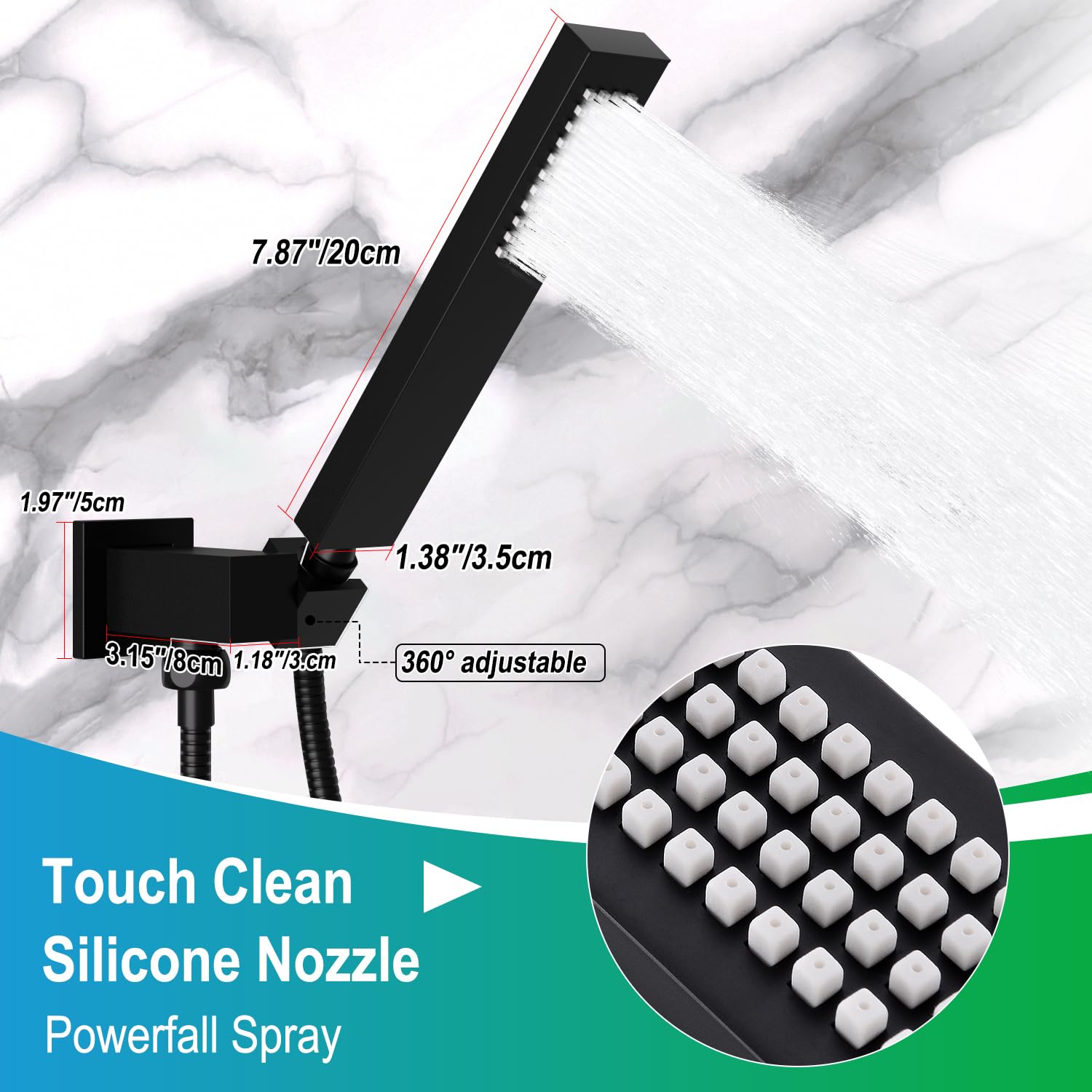 ENGA - Alcachofa de ducha de mano cuadrada de latón macizo negro mate con conector de pared y sistema de manguera para montar en la pared