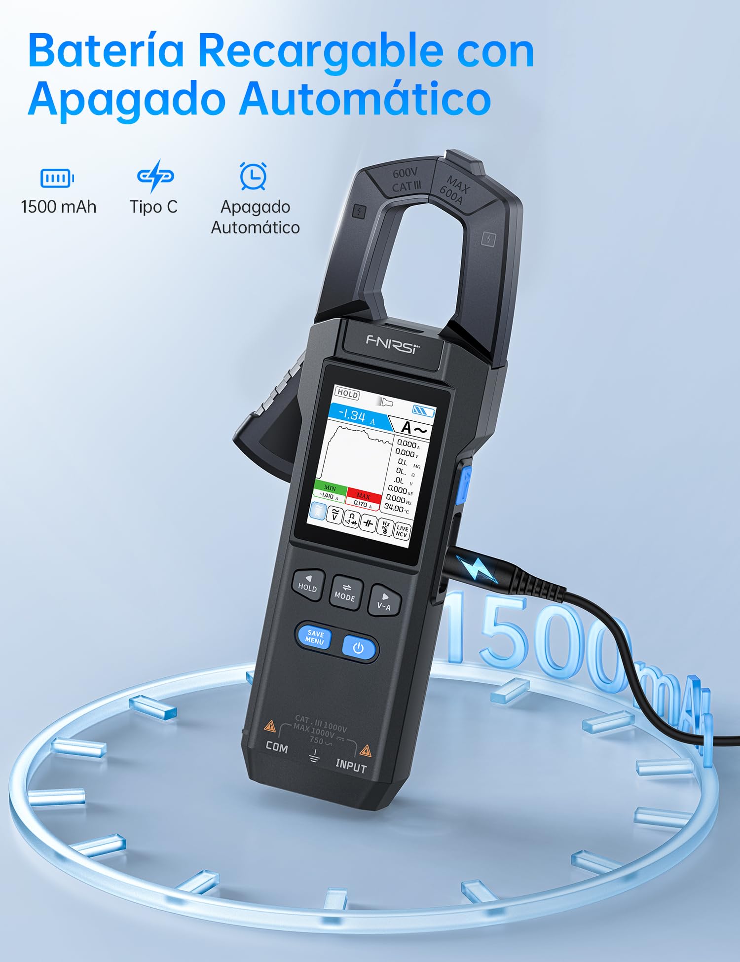 FNIRSI DMC-100 Pinza Amperimétrica Digital, Multímetro TRMS de 9999 Cuentas, Amperímetro Recargable con Registro de Curvas de 600A y Bolsa de Almacenamiento, NCV, Voltaje CA/CC, Corriente
